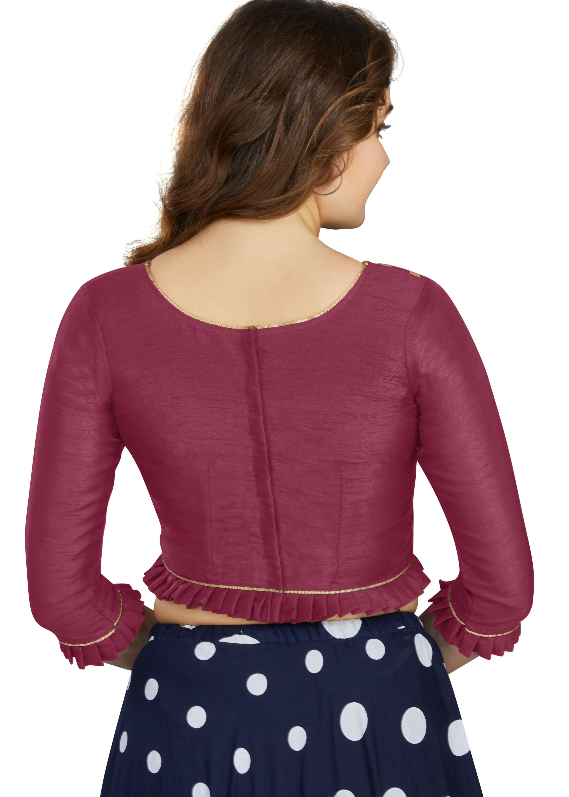 Wine Art Silk Boat Neck Plain Blouse