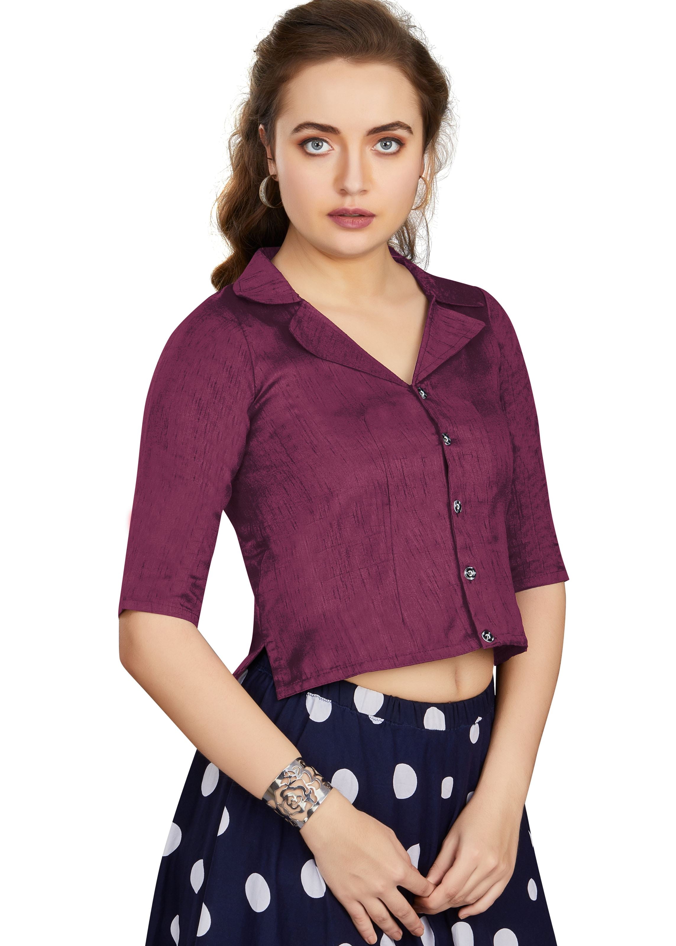 Wine Art Silk Collar Neck Plain Blouse