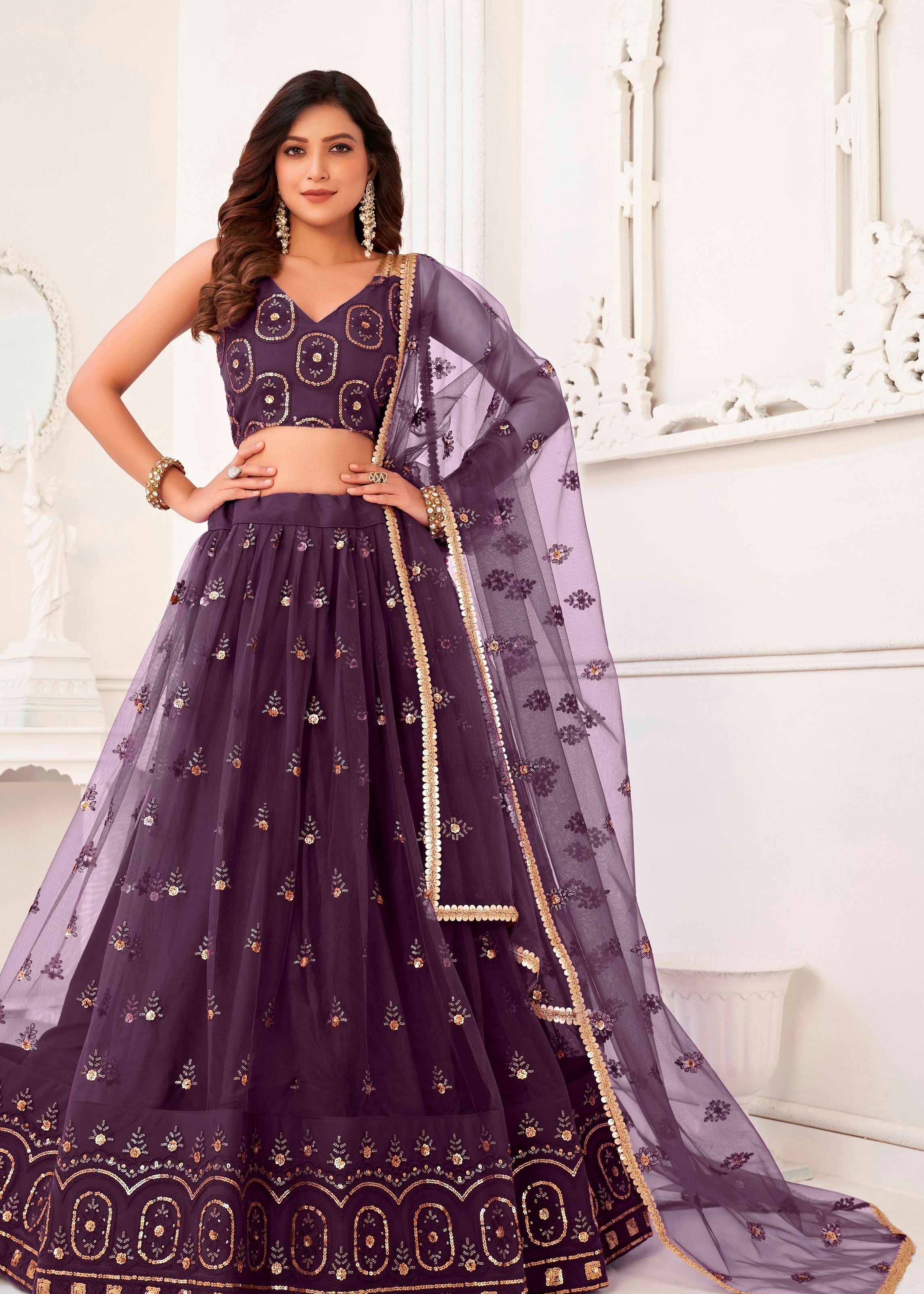 Wine Butterfly Net Lehenga Choli With  Thread And Zari Sandwich Sequence Embroidery Work