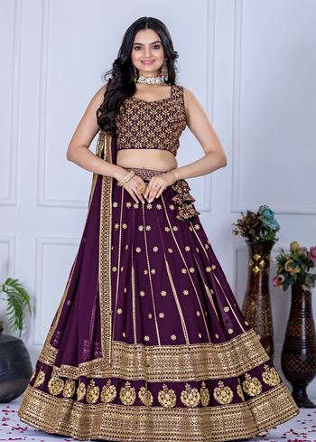 Wine Lehenga Choli With Embroidery With Thread  Sequence Work