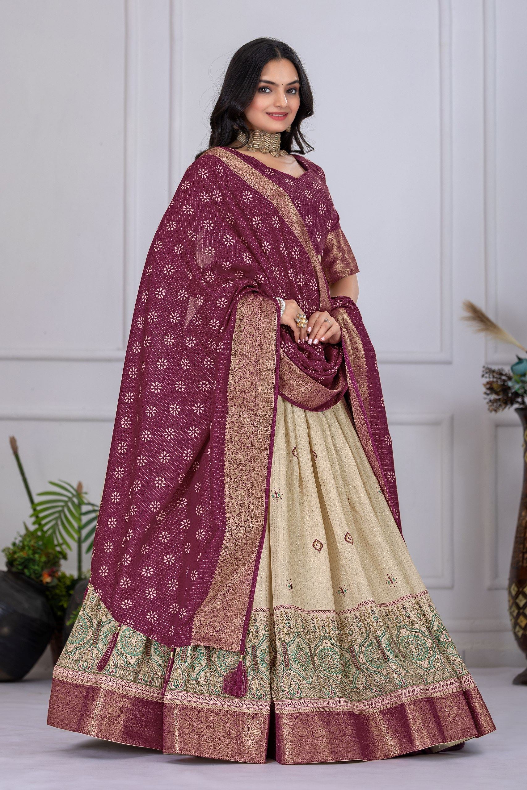 Wine Lehenga Choli With Jacquard With Jari Lining With Print
