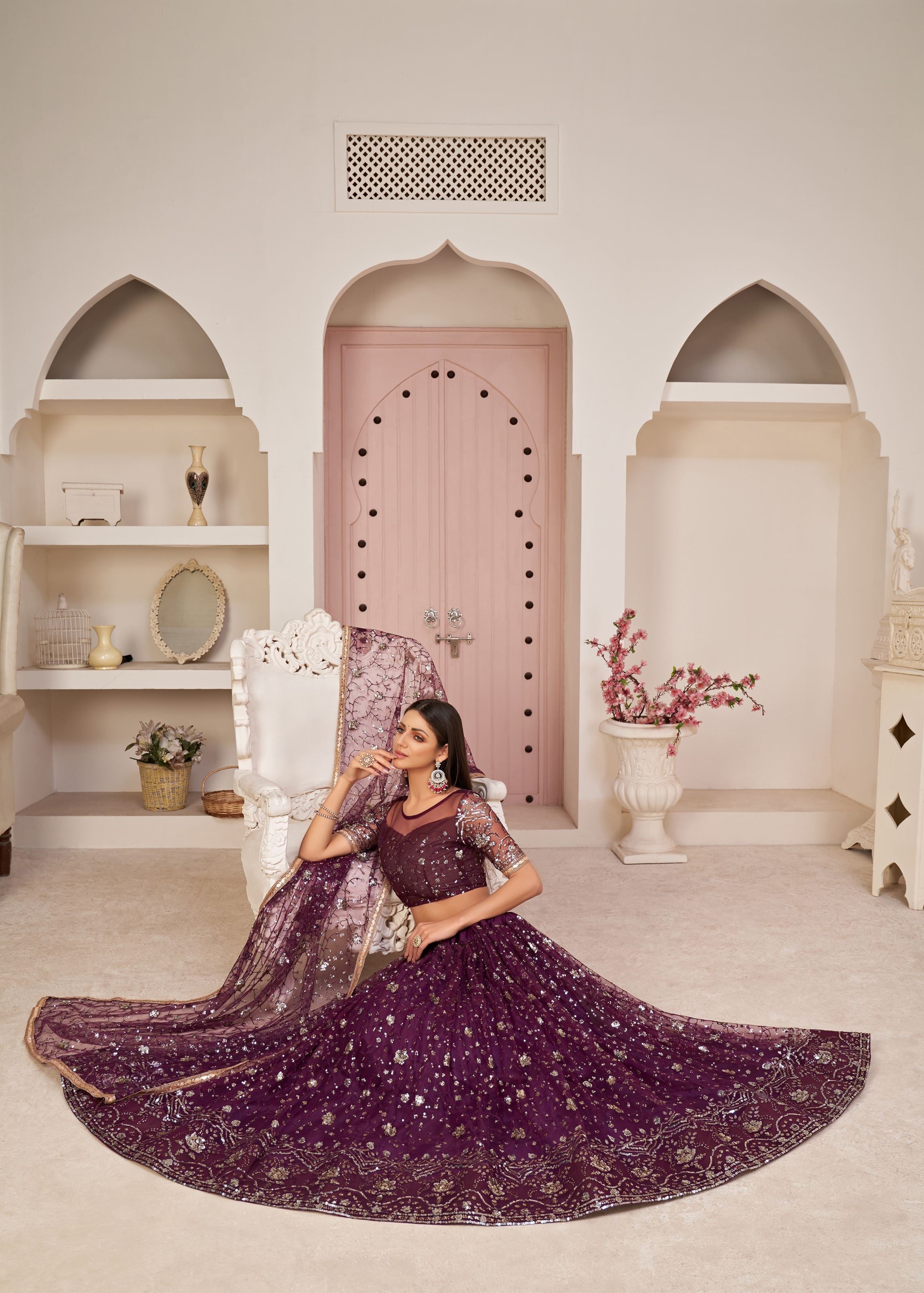 Wine Net Lehenga Choli With Thread Embroidery Work
