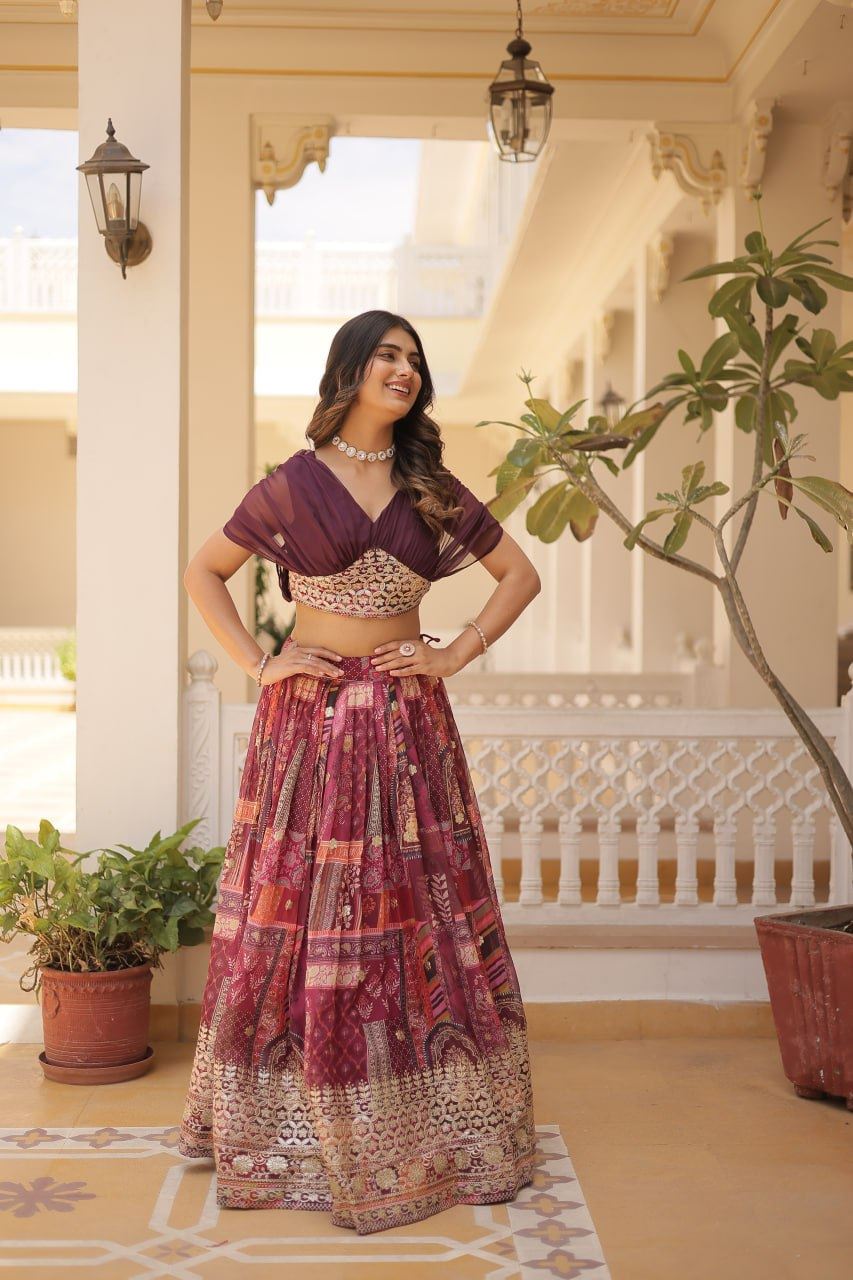 Wine Russian Silk Lehenga Choli With Digital Print With Foil Embroidery Work