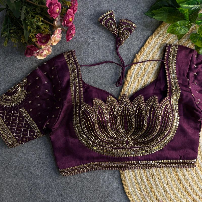 Wine Sabyasachi-Inspired Heavy Bridal Blouse with Exquisite Lotus Beads Embroidery