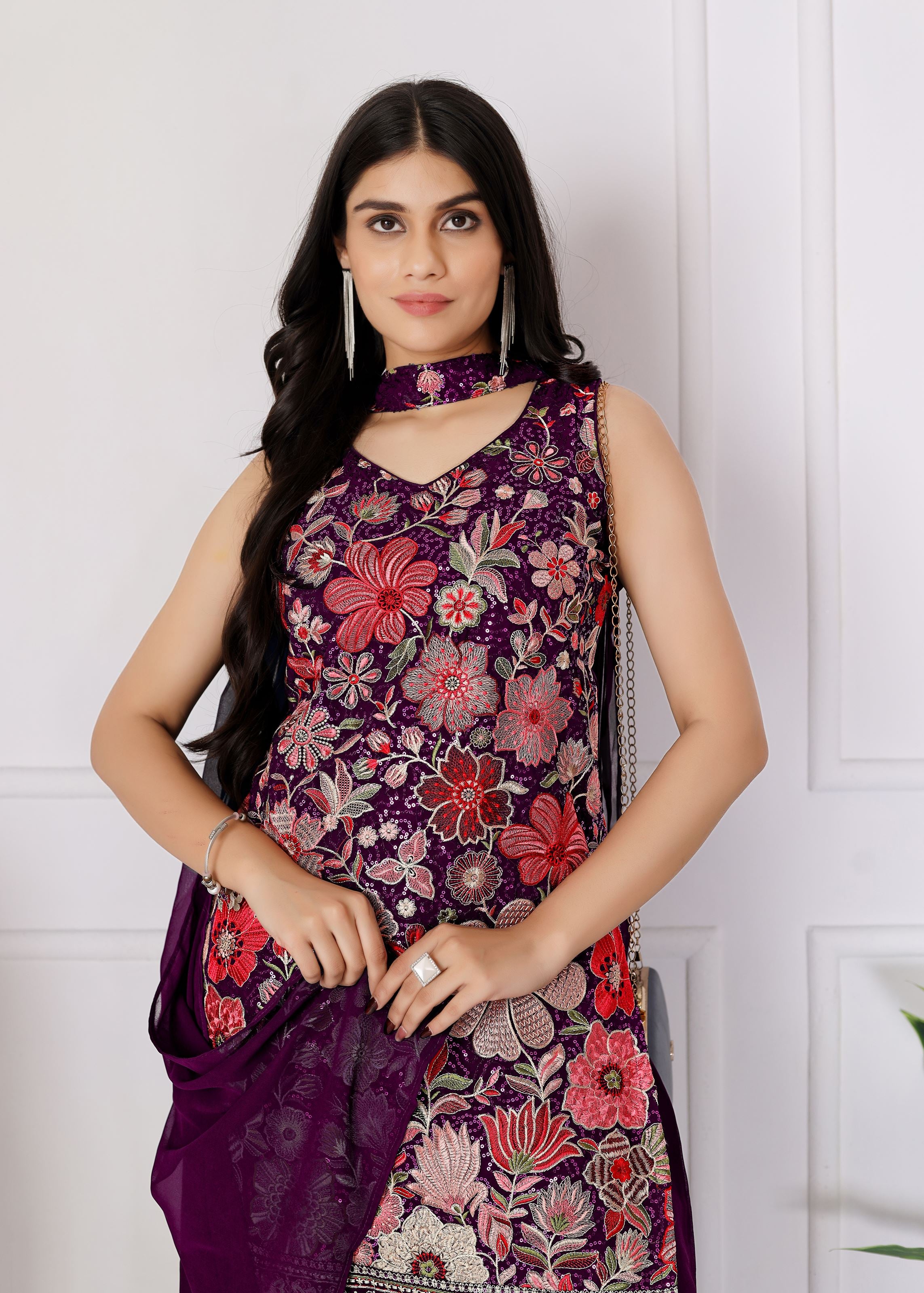 Wine Sharara Dress With Sequence Embroidered