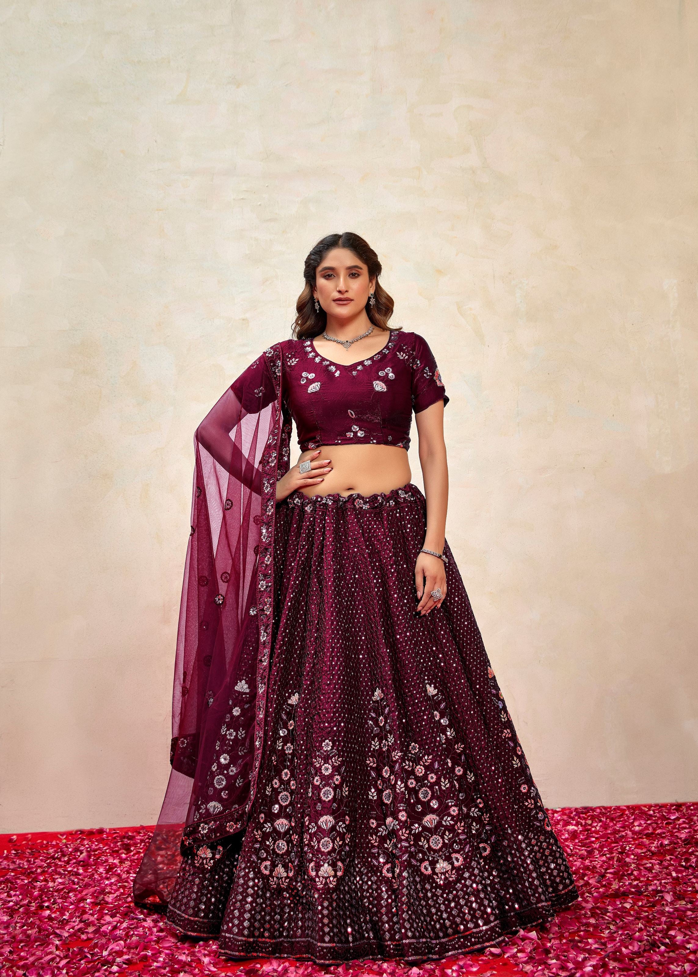 Wine Silk Lehenga with Embroidered Sequence Highlights
