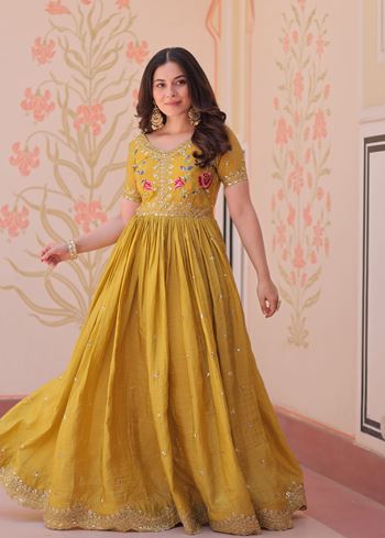 Yellow Anarkali With Heavy Multi Thread Embroidery Zari Sequins-Work