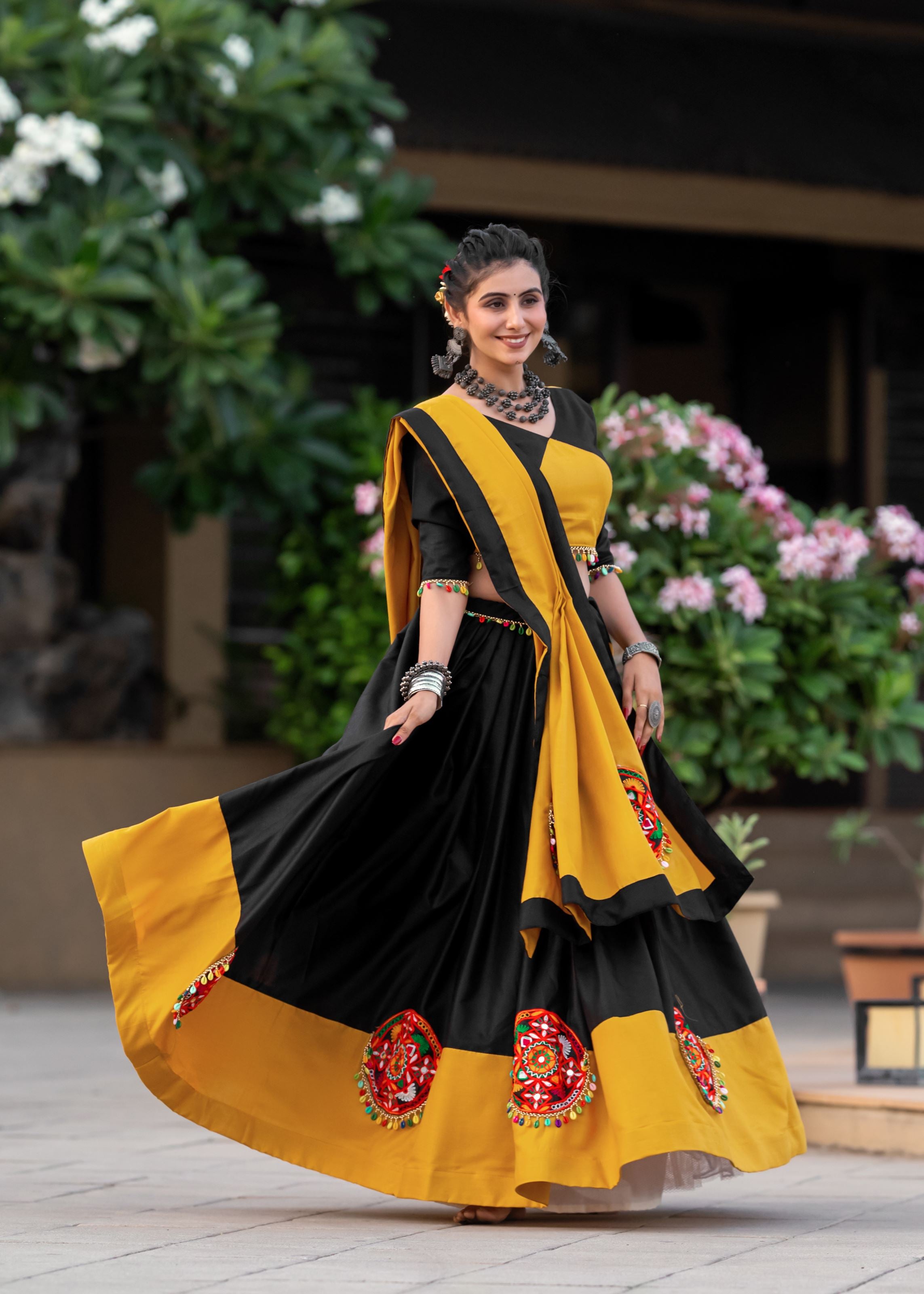 Yellow And Black Navratri Chaniya Choli With Gamthi Work