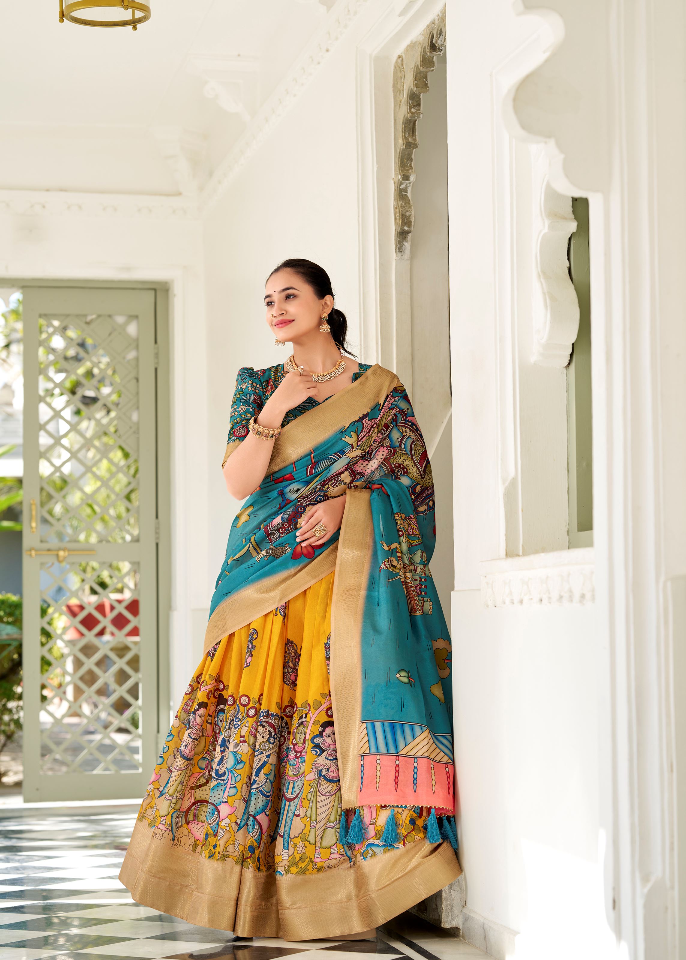 Yellow Kalamkari Charm on Luxurious Dola Silk Lehenga with Woven Borders