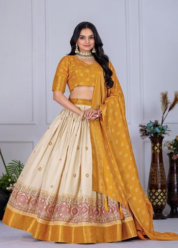 Yellow Lehenga Choli with Jacquard Jari Lining and Printed Detailing