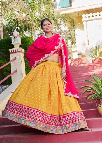 Yellow Lehenga Choli with Viscose Position Print and Jacquard Touch-Up