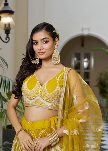 Yellow Net Lehenga Choli With Thread Embroidery Work