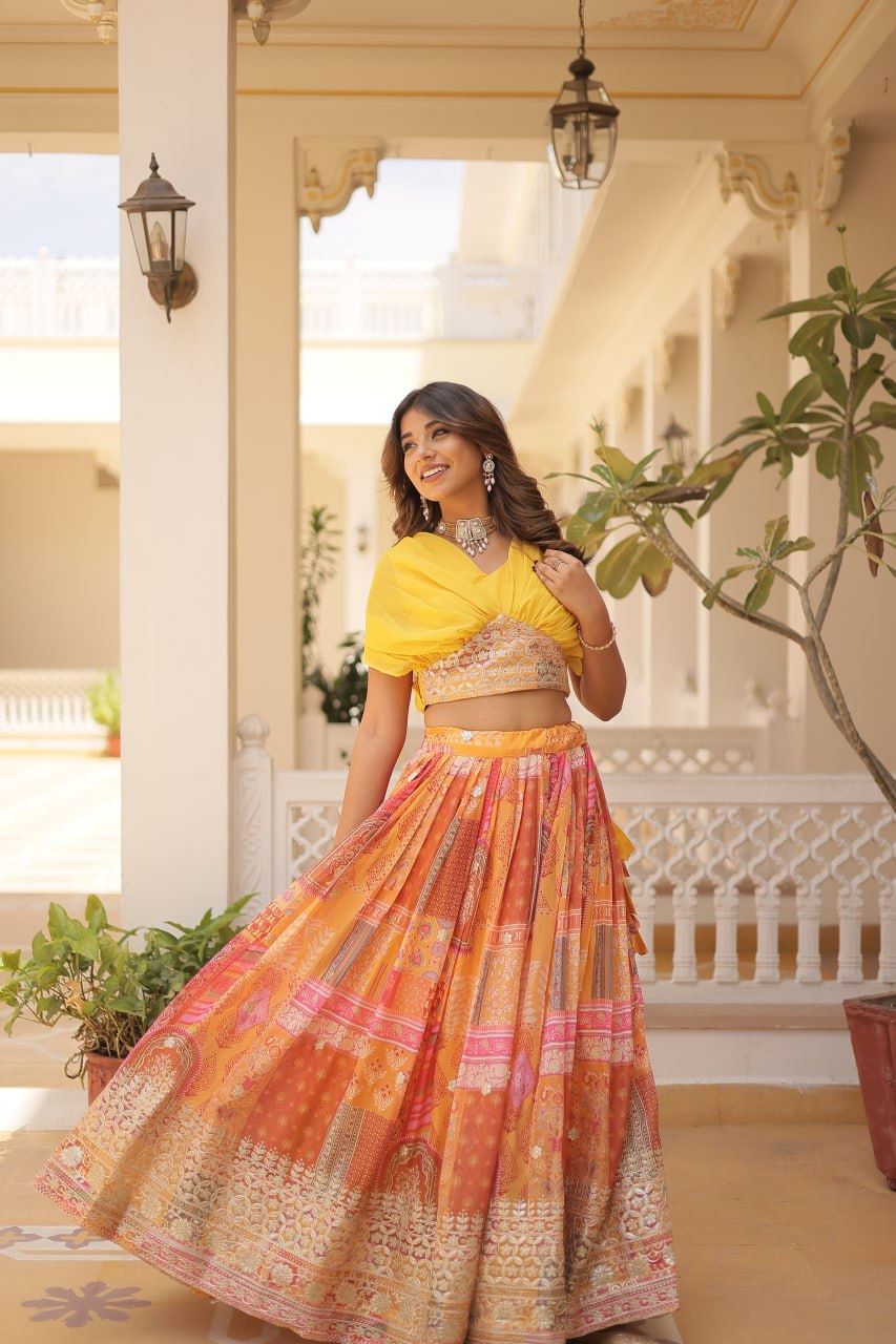 Yellow Russian Silk Lehenga Choli With Digital Print With Foil Embroidery Work