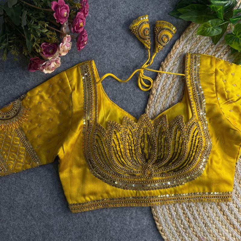 Yellow Sabyasachi-Inspired Heavy Bridal Blouse with Exquisite Lotus Beads Embroidery
