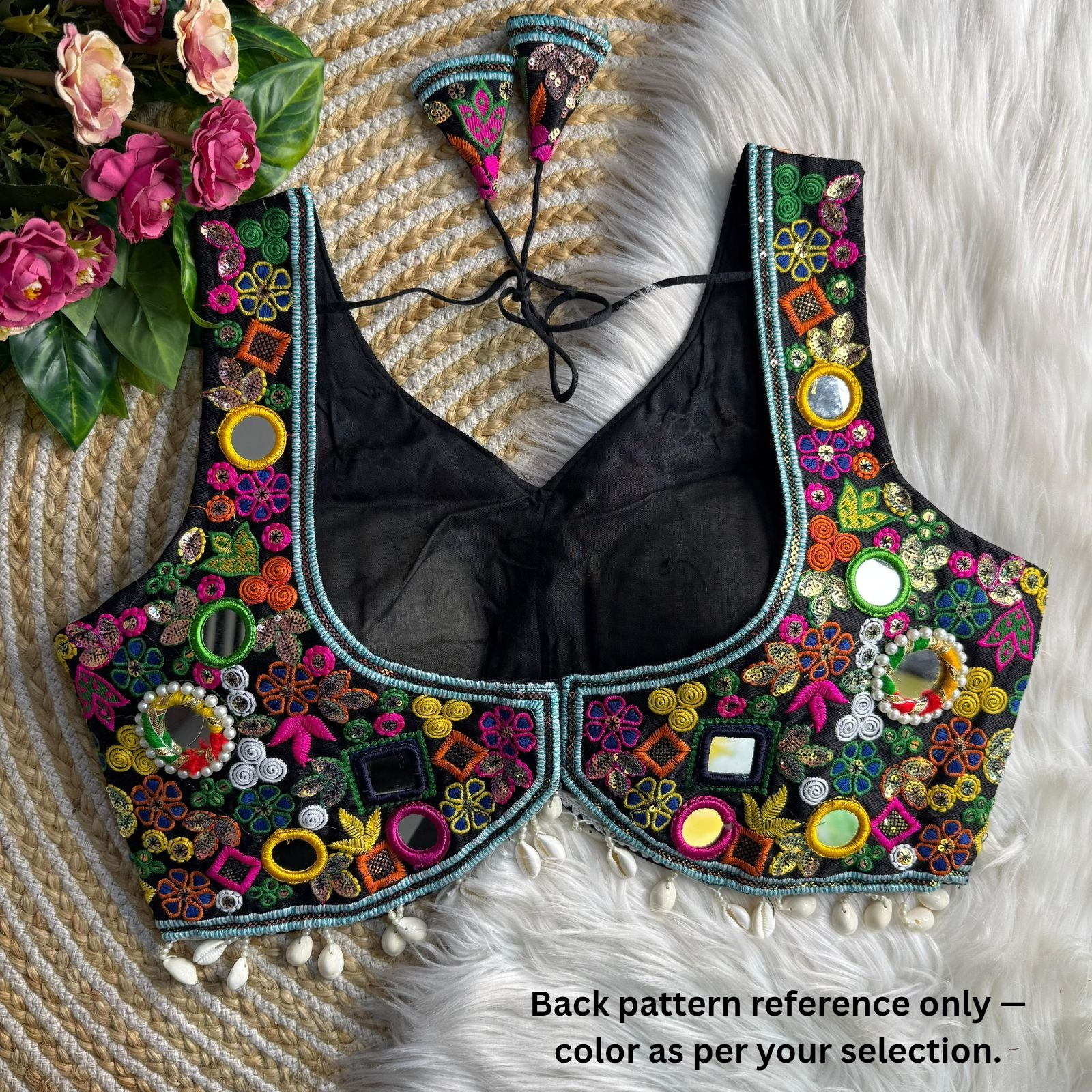 Black Fancy Design Apple Cut Blouse With Gamthi Lace  Real Multi Mirror Work