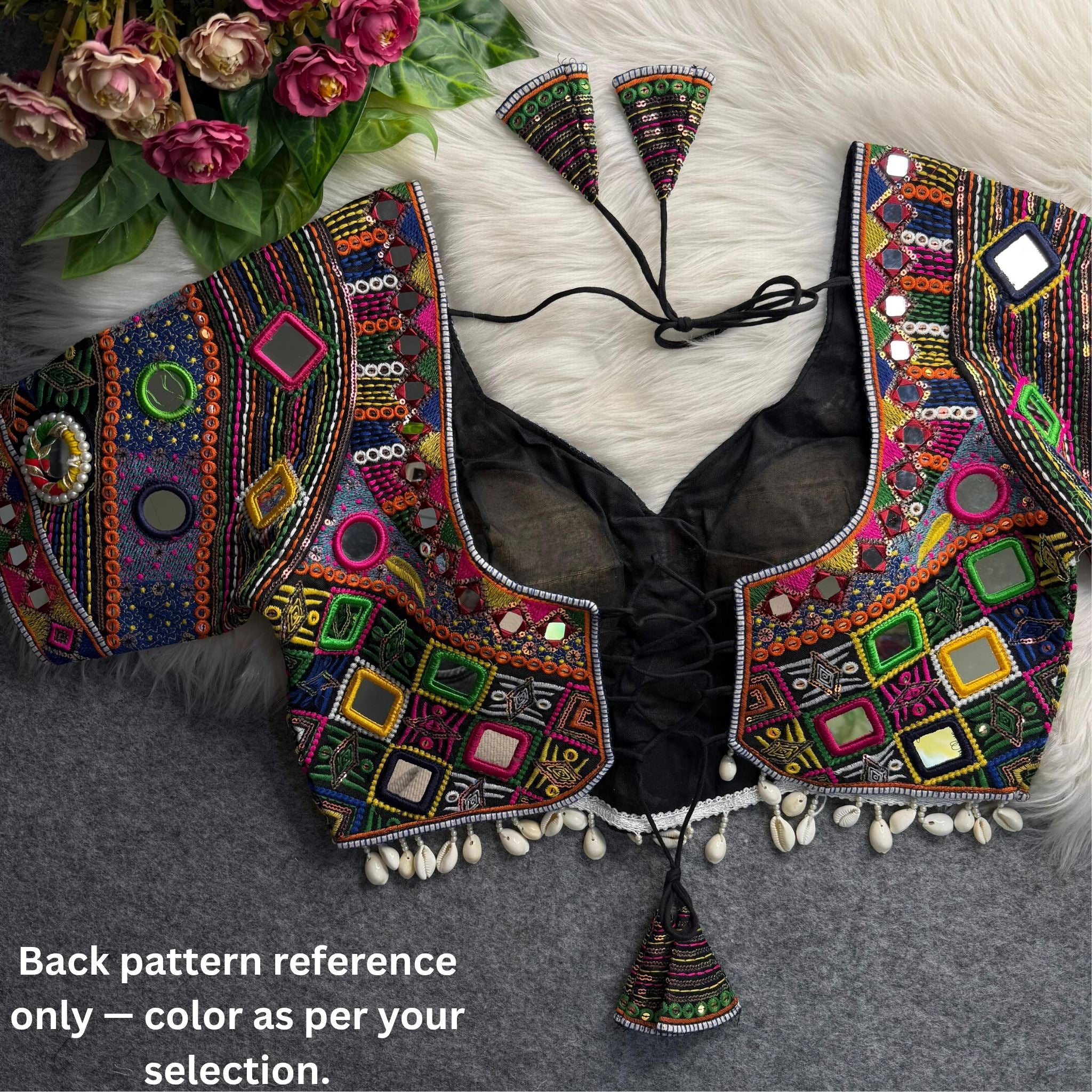 Golden  Navratri Blouse With Real Muliti Mirror  Kodi Work