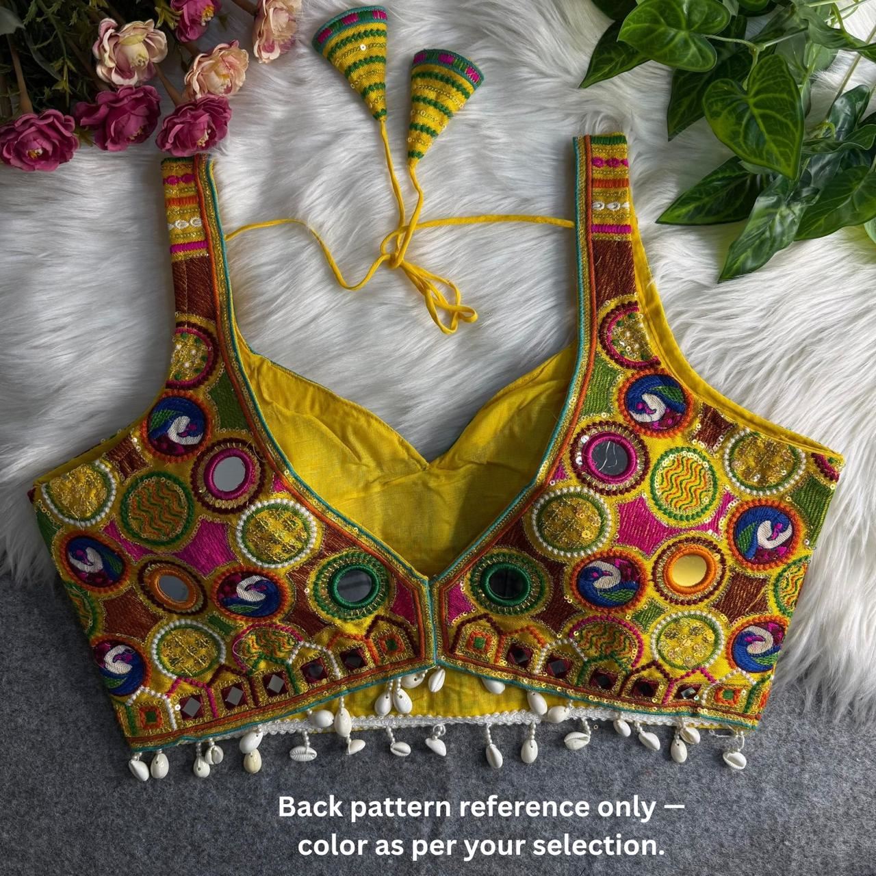 Black Gamthi Navratri Blouse with Mirror Work  Shell Tassels