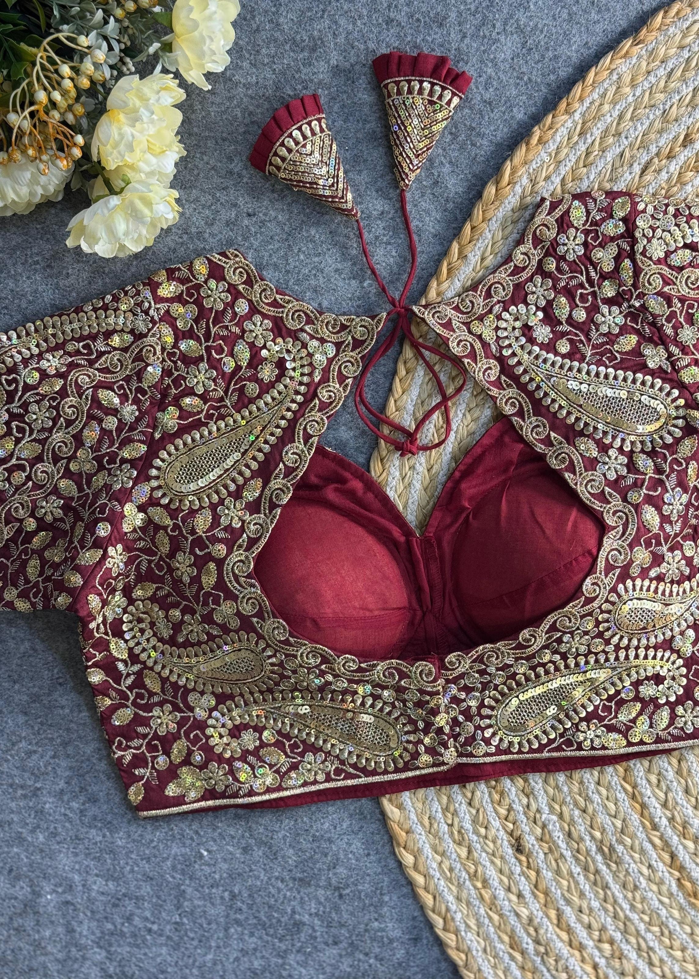 Red Bridal Blouse with Deep V-Neck & Heavy Paisley Embroidery