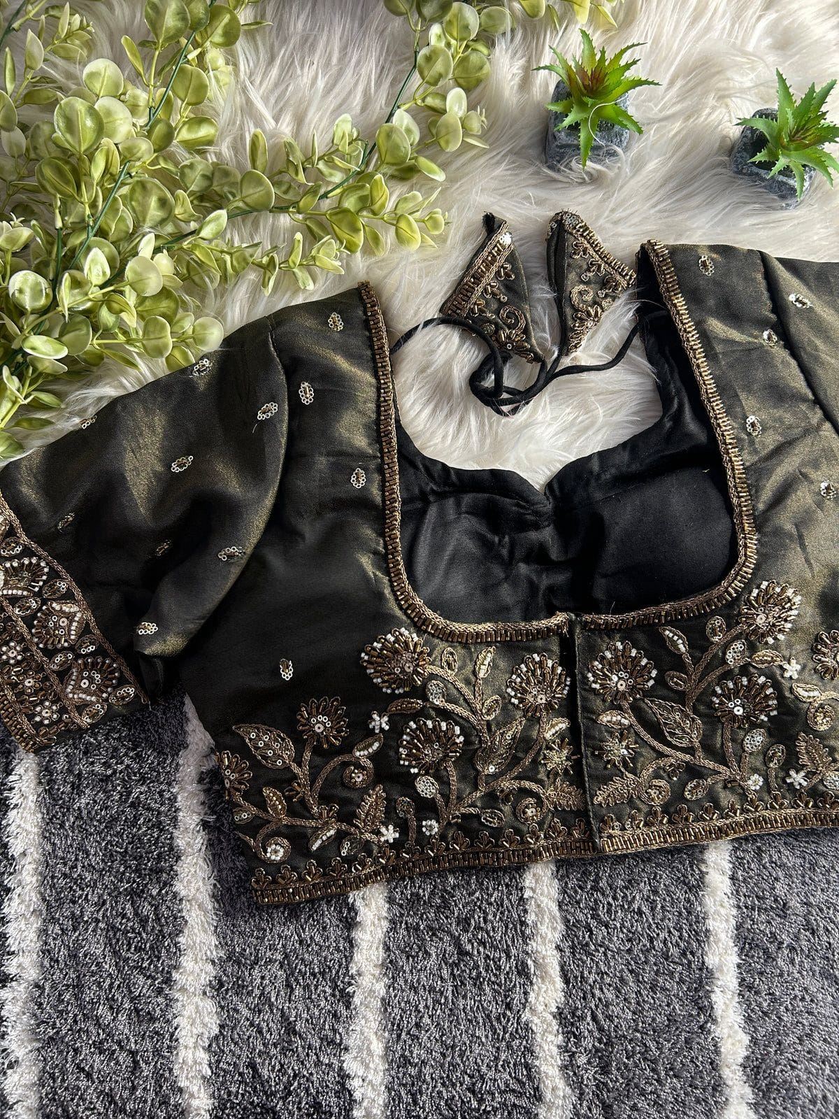Black Designer Embroidered Silk Blouse with Zari & Sequin Work