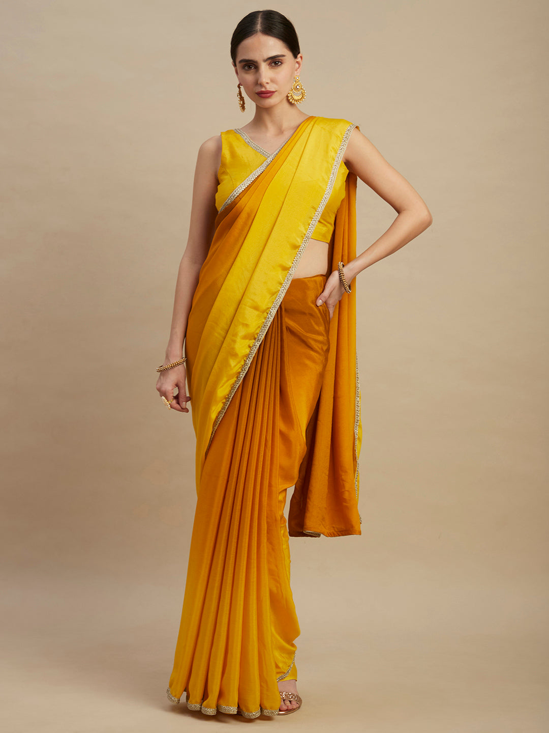 Mustard Chinon Party Wear Saree With Embroidery Sequins Work