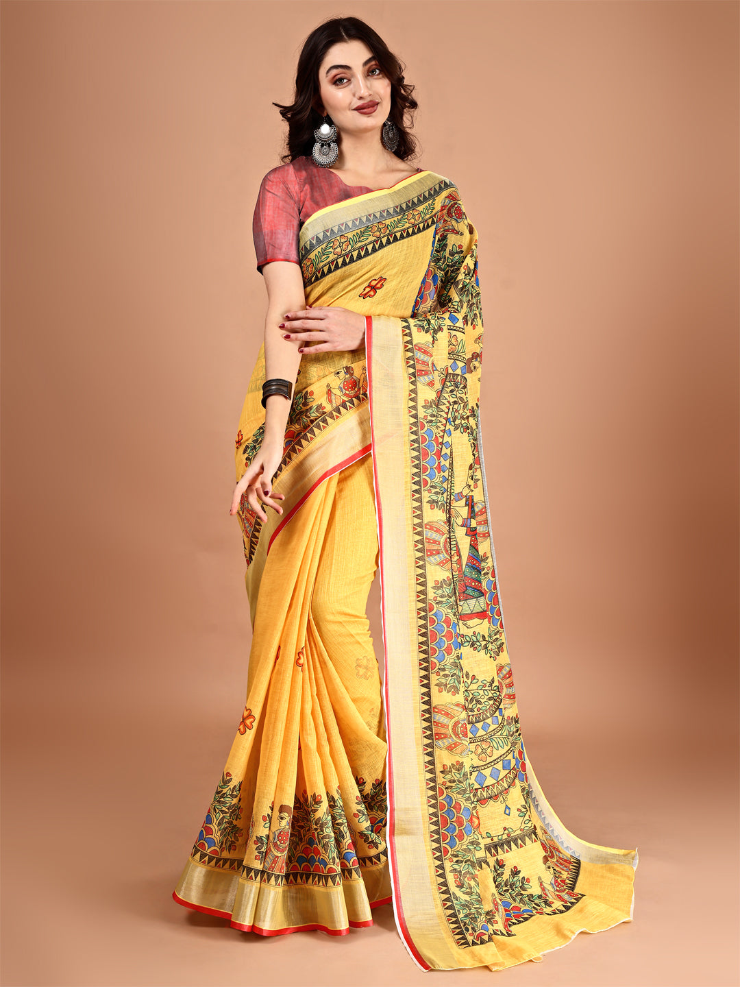 Yellow Linen Premium Printed Saree