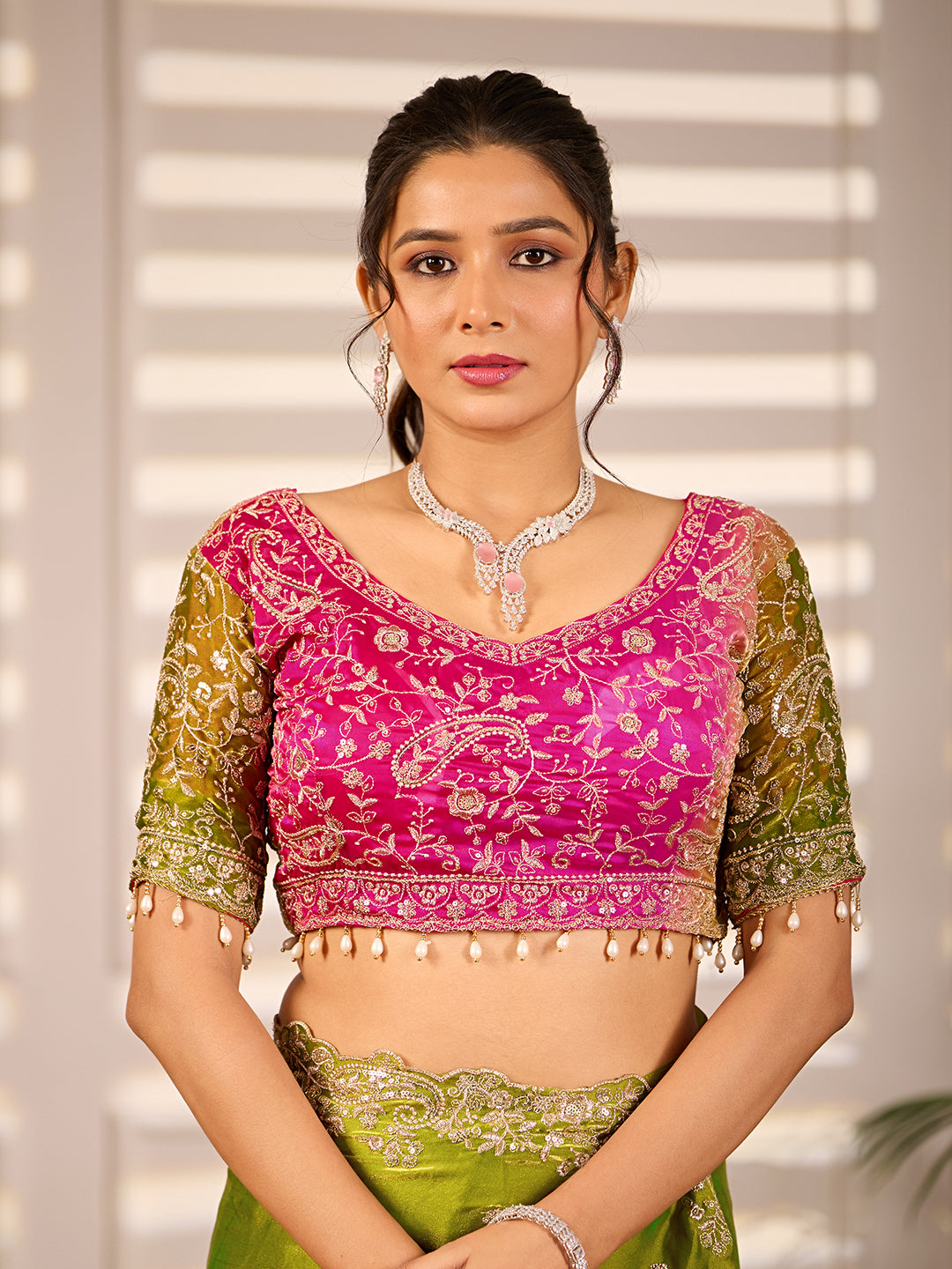 Green Pink Dual Tone Satin Silk Saree With Sequins Work