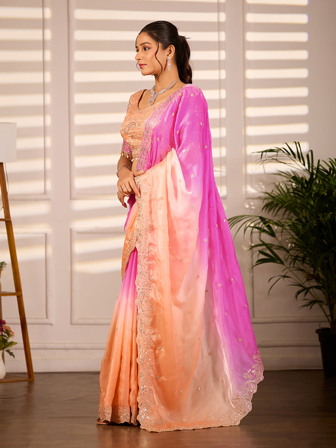 Peach Pink Satin Silk Designer Party Wear Saree