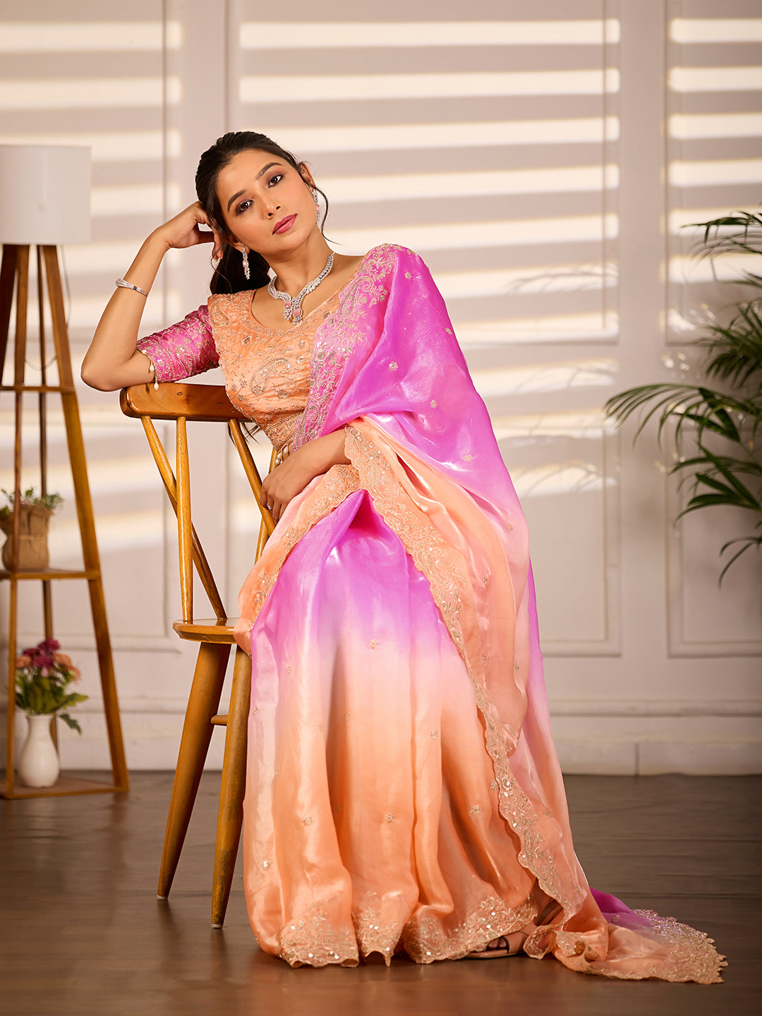 Peach Pink Satin Silk Designer Party Wear Saree