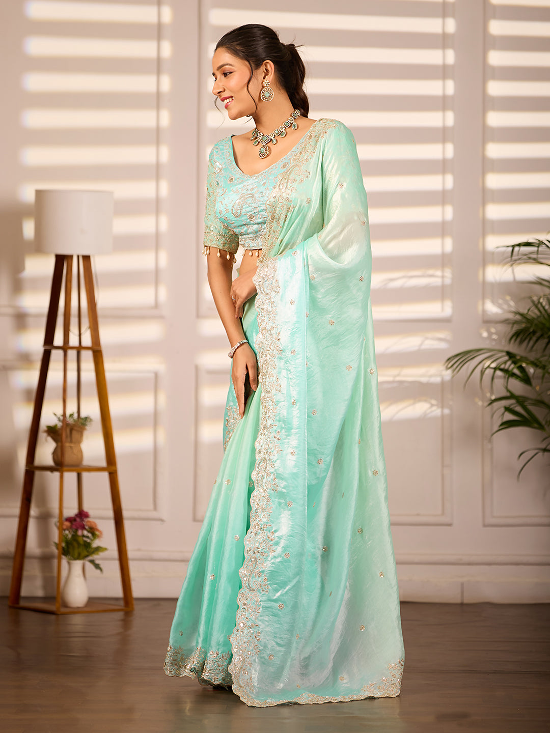 Blue Green Dual Tone Satin Silk Party Wear Saree With Sequins Embroidery