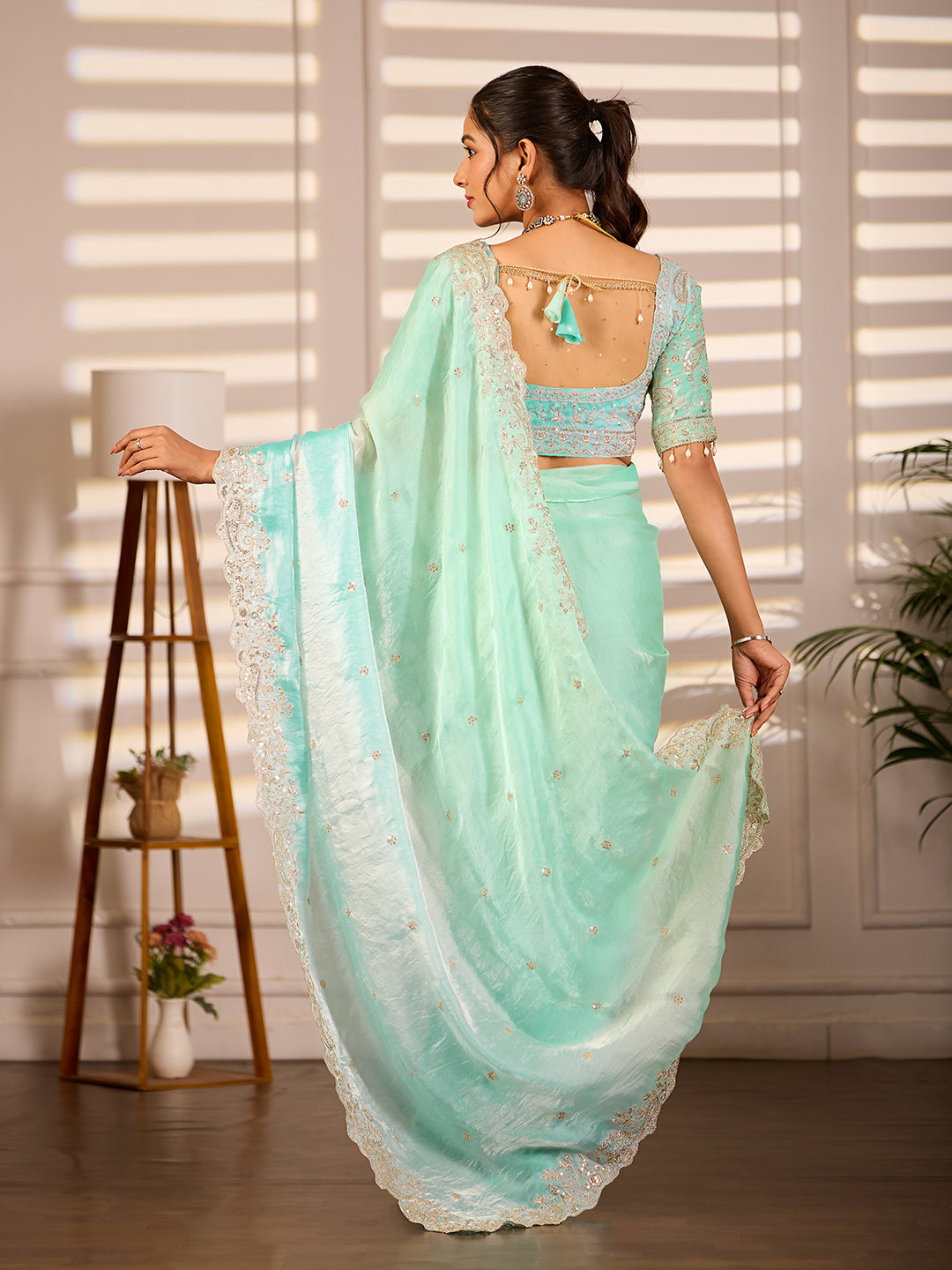 Blue Green Dual Tone Satin Silk Party Wear Saree With Sequins Embroidery