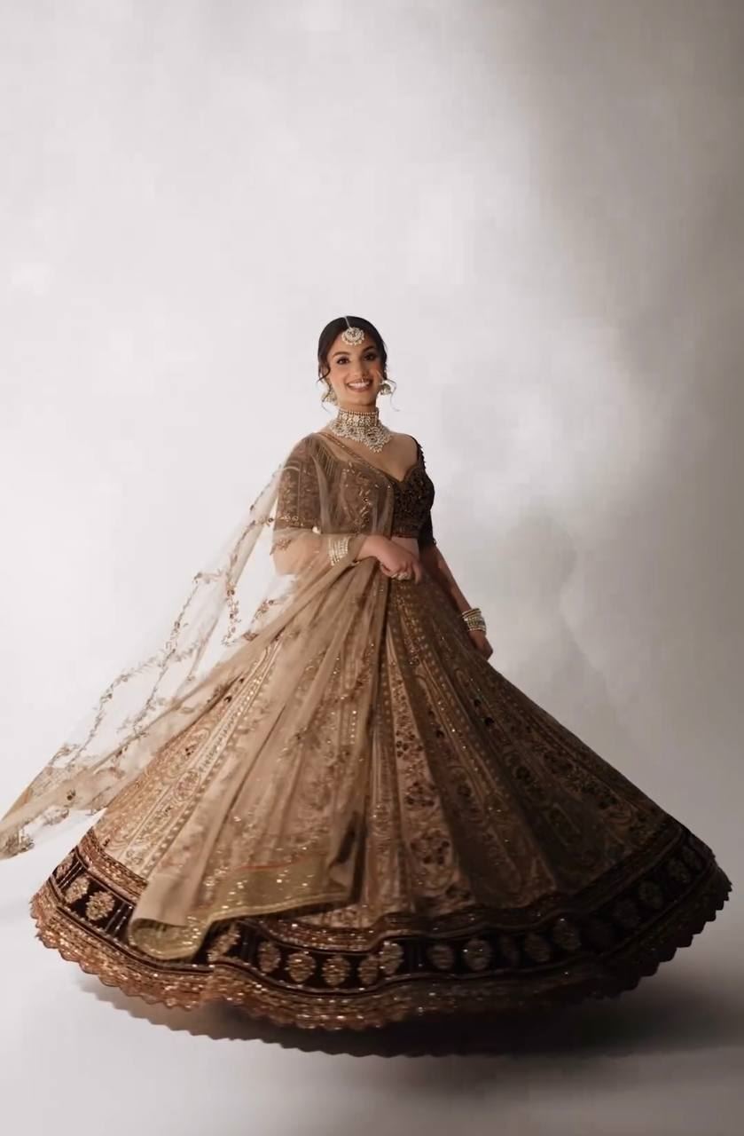 Beige Lehenga Choli with Dori, Sequins & Thread Work Along with Velvet Border