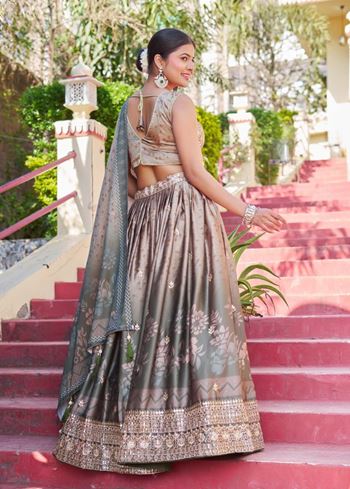 Beige Lehenga Choli With Maslin With Digital Print and Embroidery Work