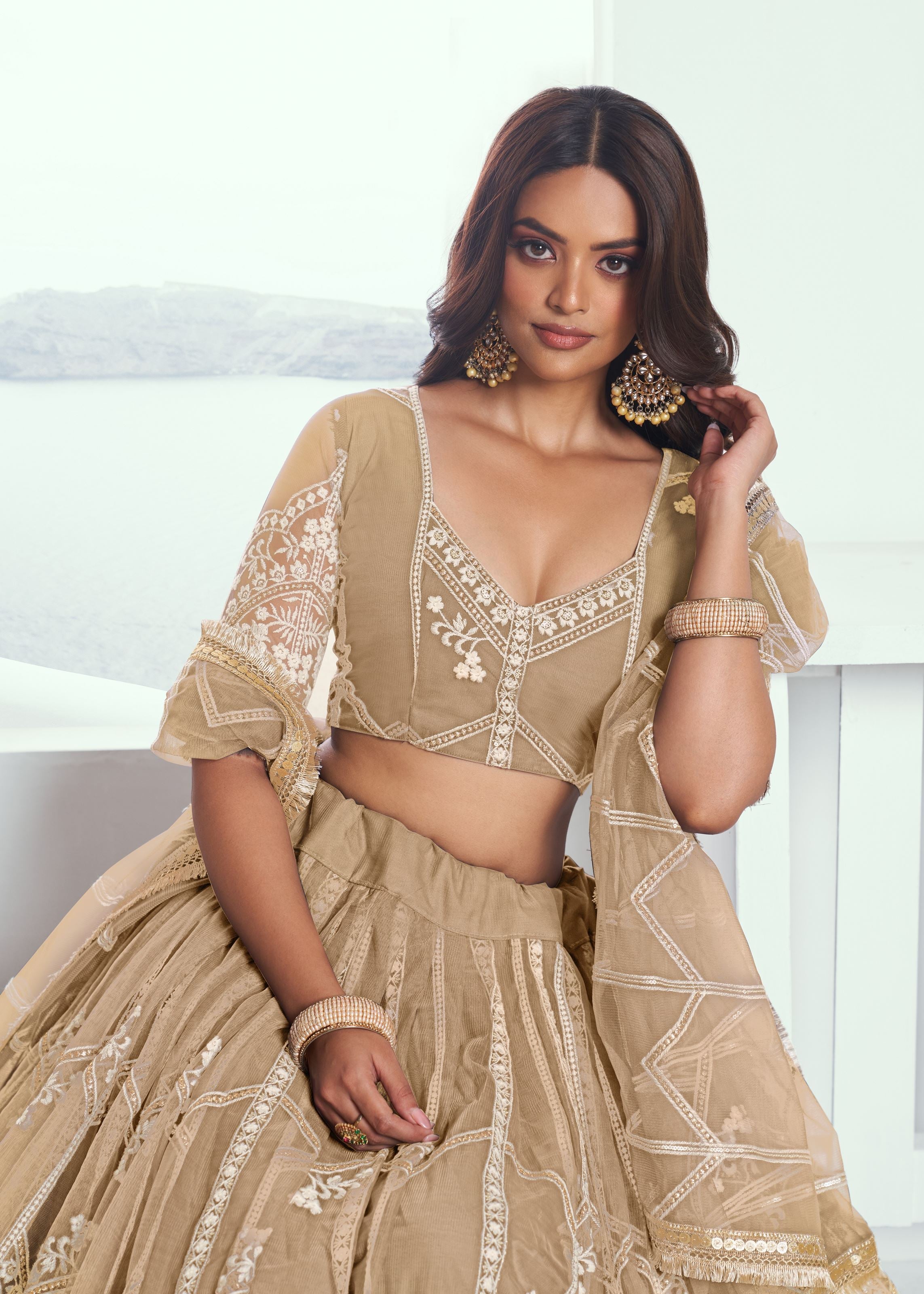 Beige Lehenga Choli With Zari Work And Sequence Work Embroidery