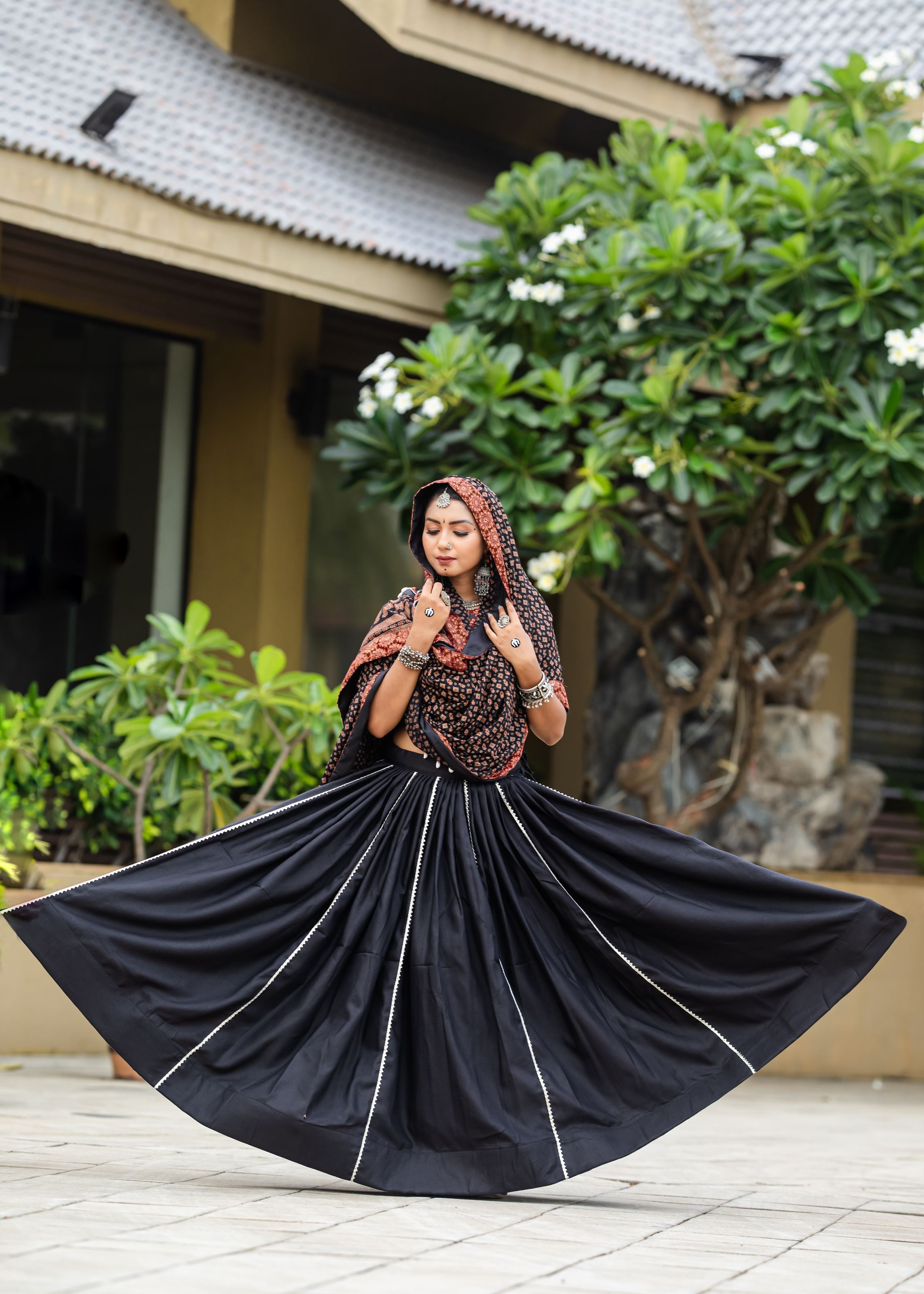 Black And Maroon Printed Navratri Chaniya Choli With Cowrie Work