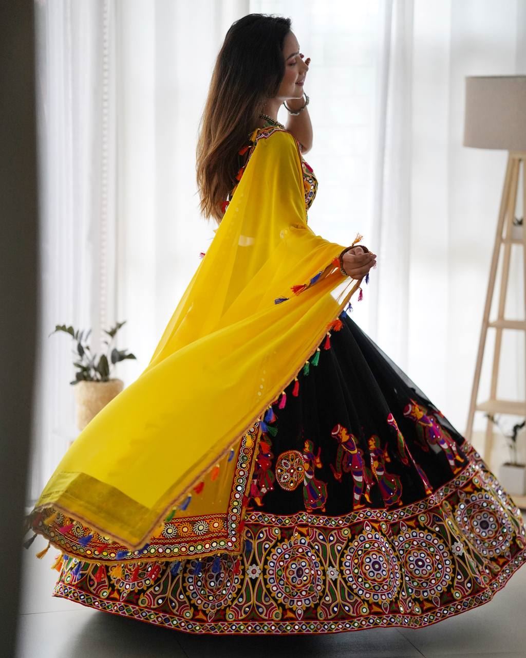 Black Lehenga Choli With Chain-Stitch Work With Original Mirror