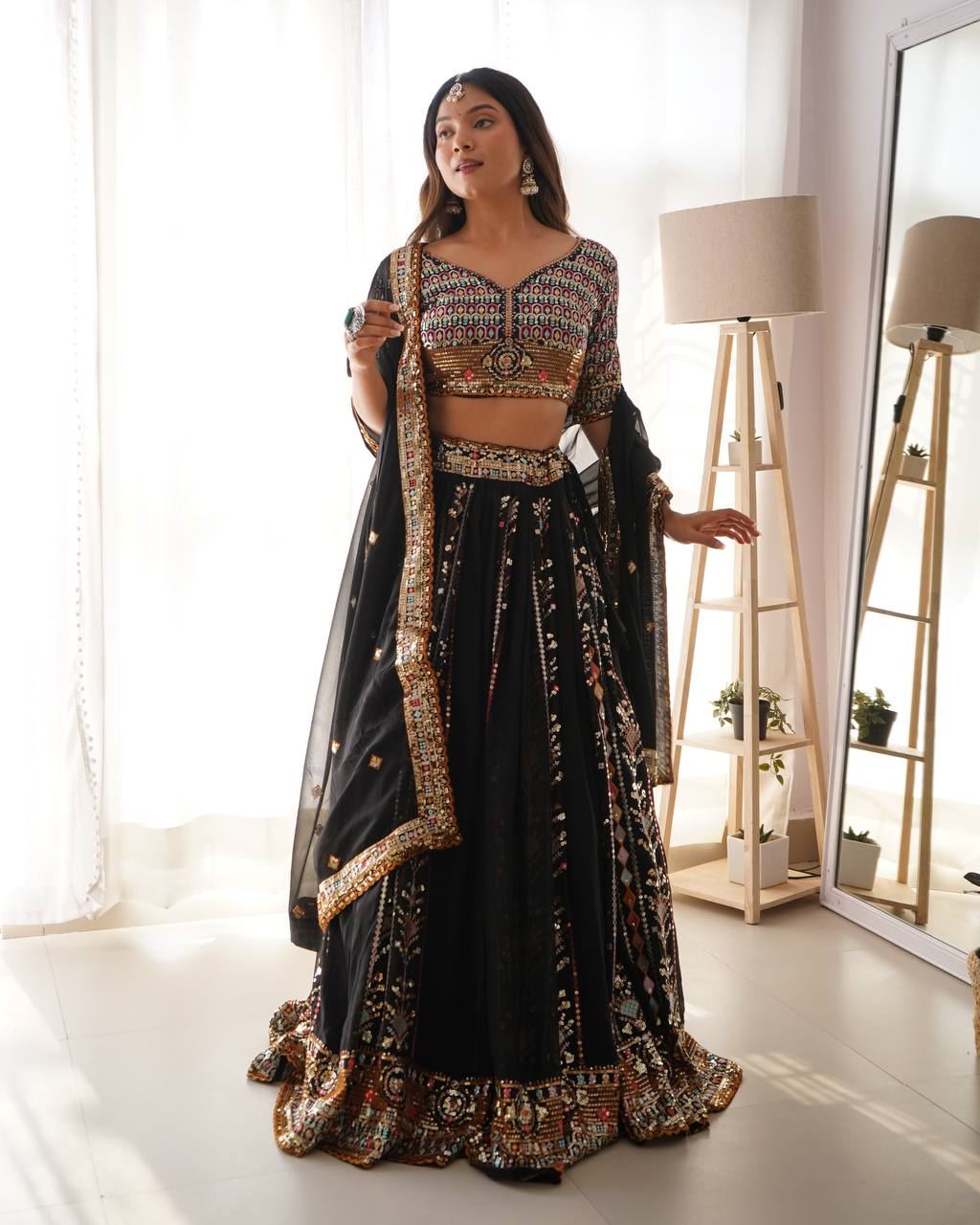 Black Lehenga Choli With Thred With Sequnce Work