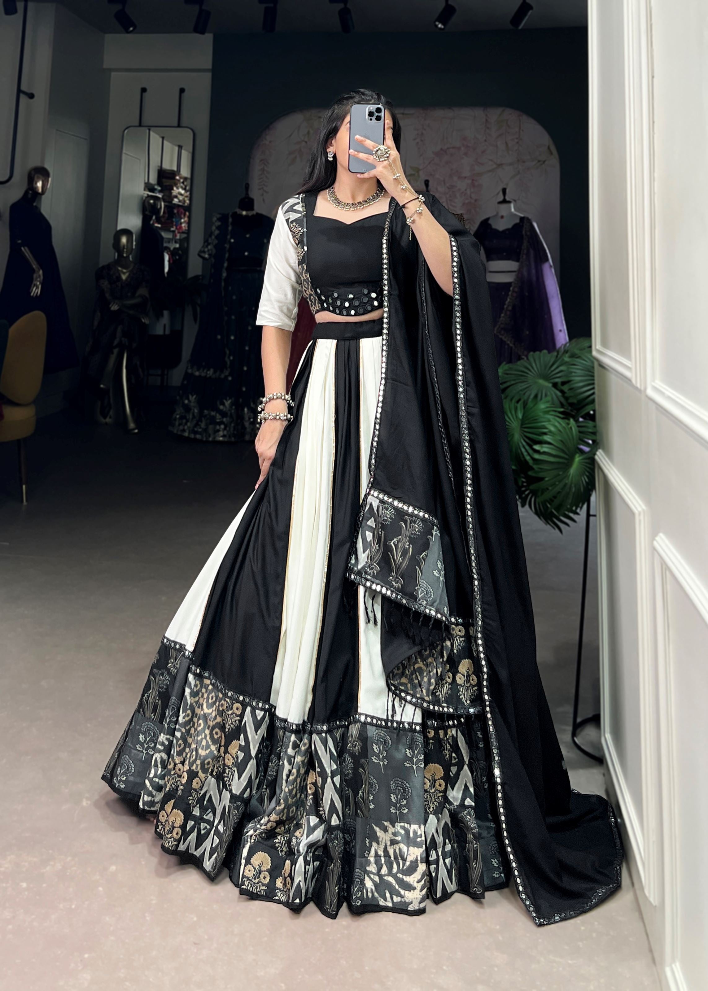 Black Printed  Plain Rayon Lehenga with Mirror Lace and Gota Patti Sparkle