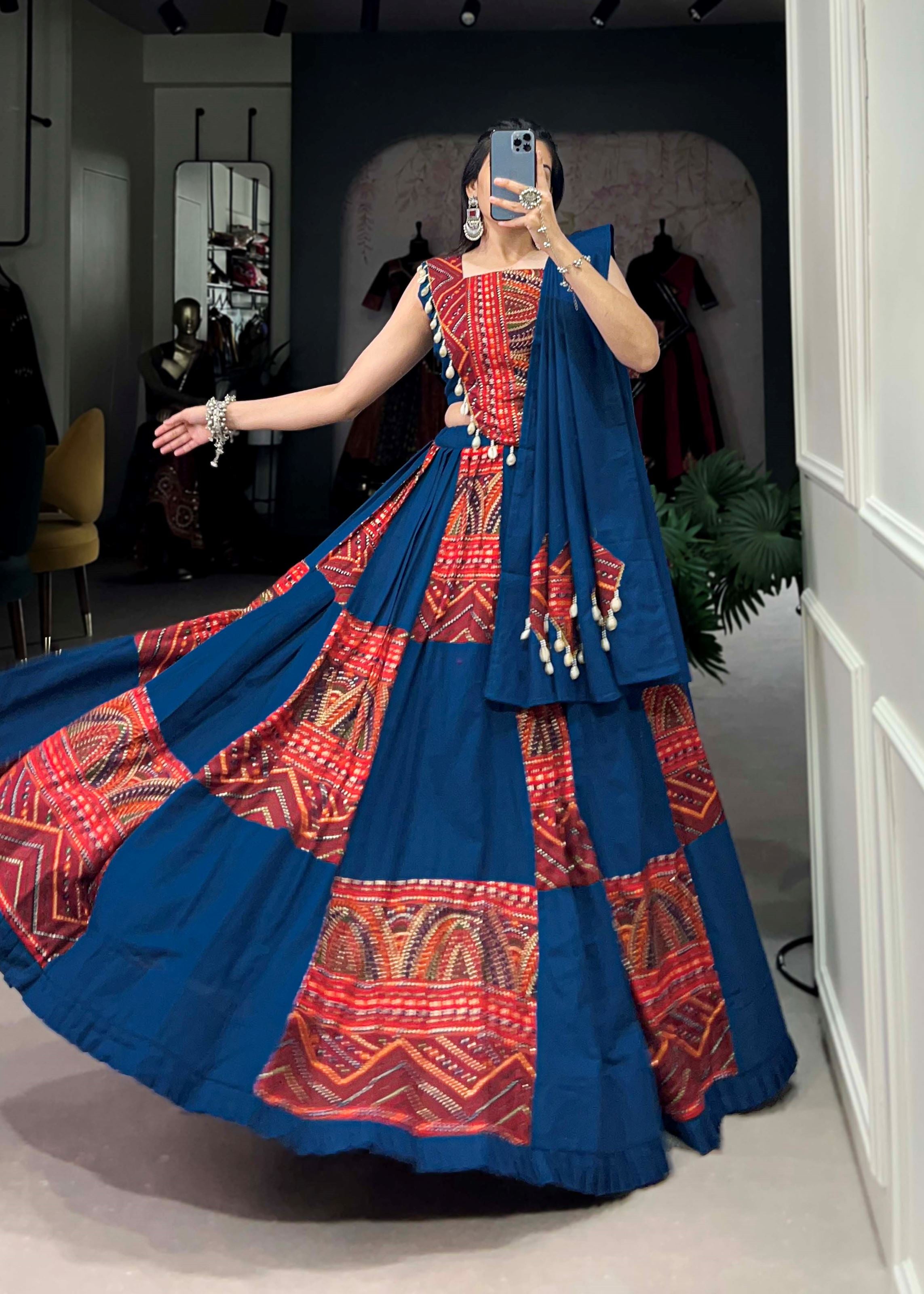 Blue-Maroon Plain  Printed Lehenga Choli with Foil Work Finish