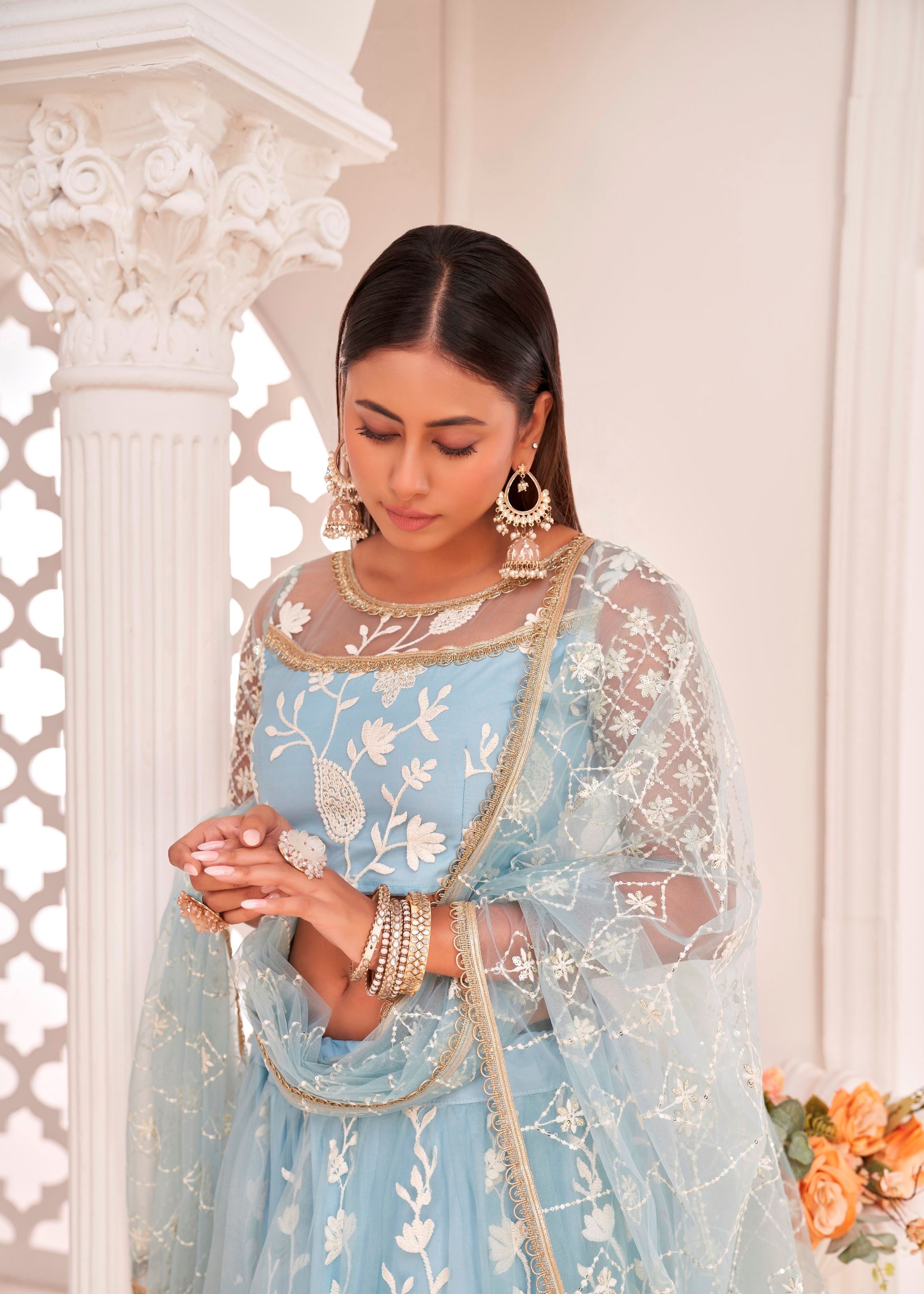 Blue Butterfly Net Lehenga Choli With Thread Embroidery Work