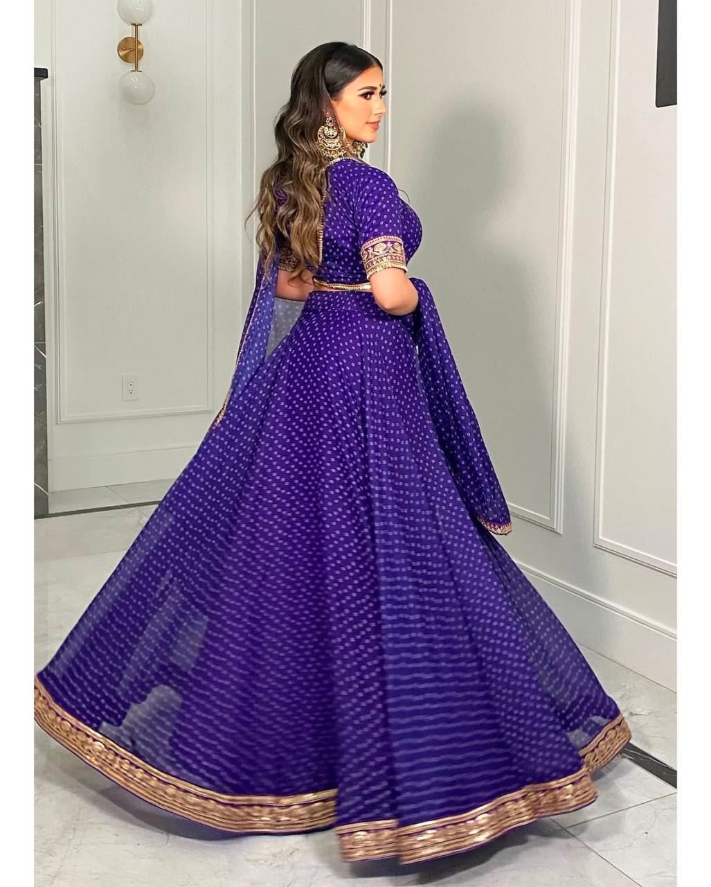 Blue Lehenga Choli with Print & Zari Thread Border Work