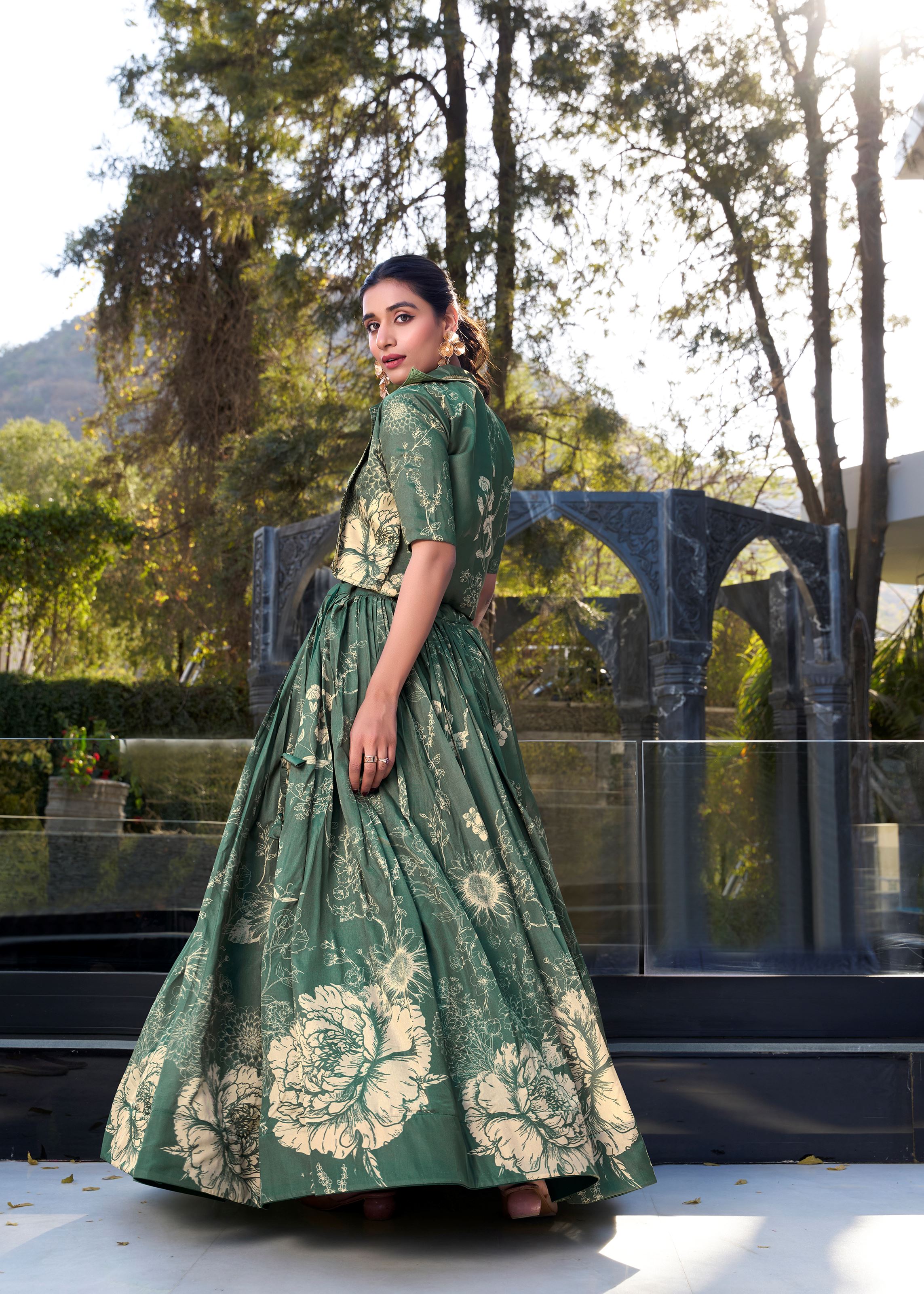 Bottle Green Grace in Bloom Tussar Silk Floral Print Lehenga