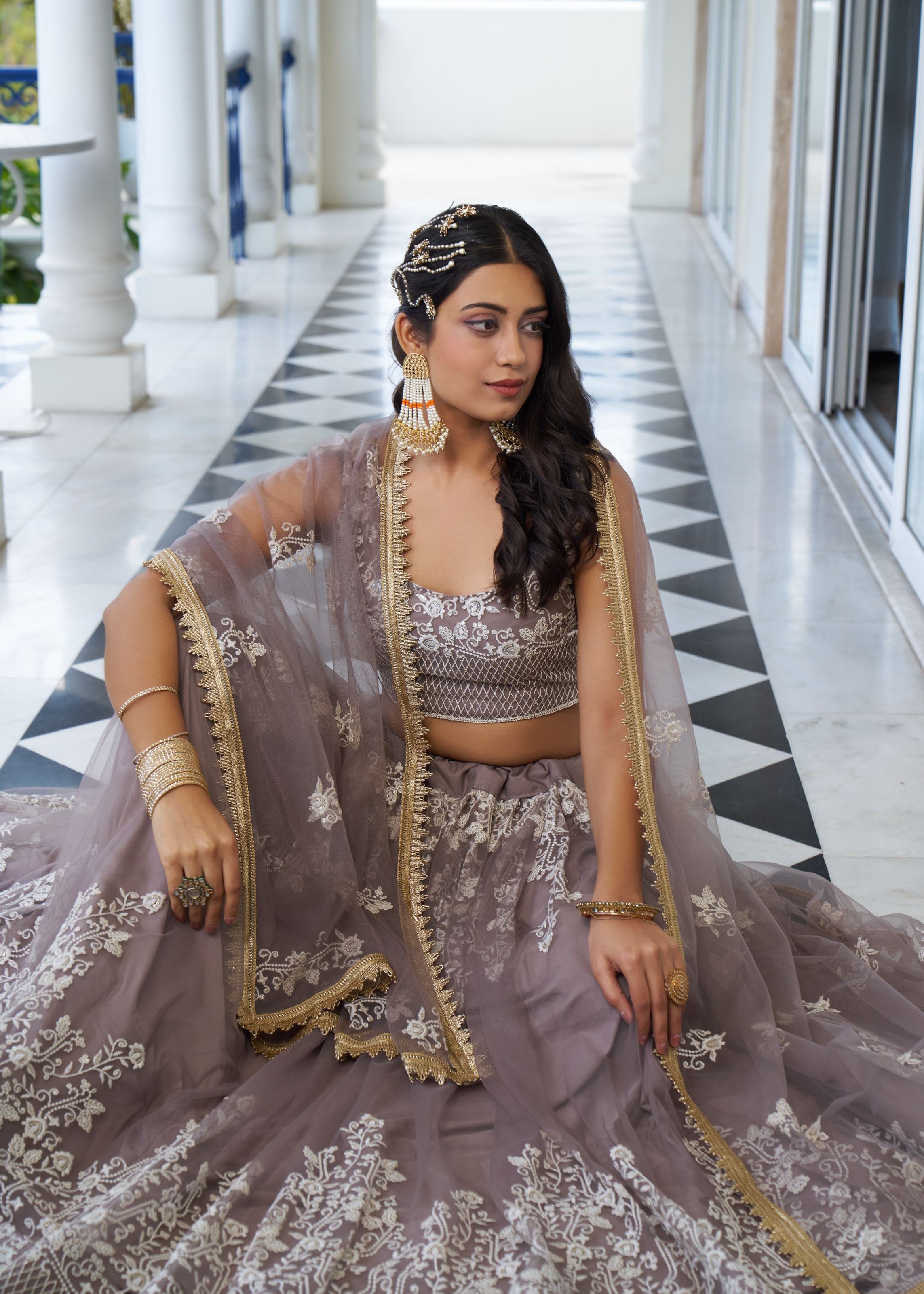 Brown Net Lehenga Choli With Thread Embroidery Work