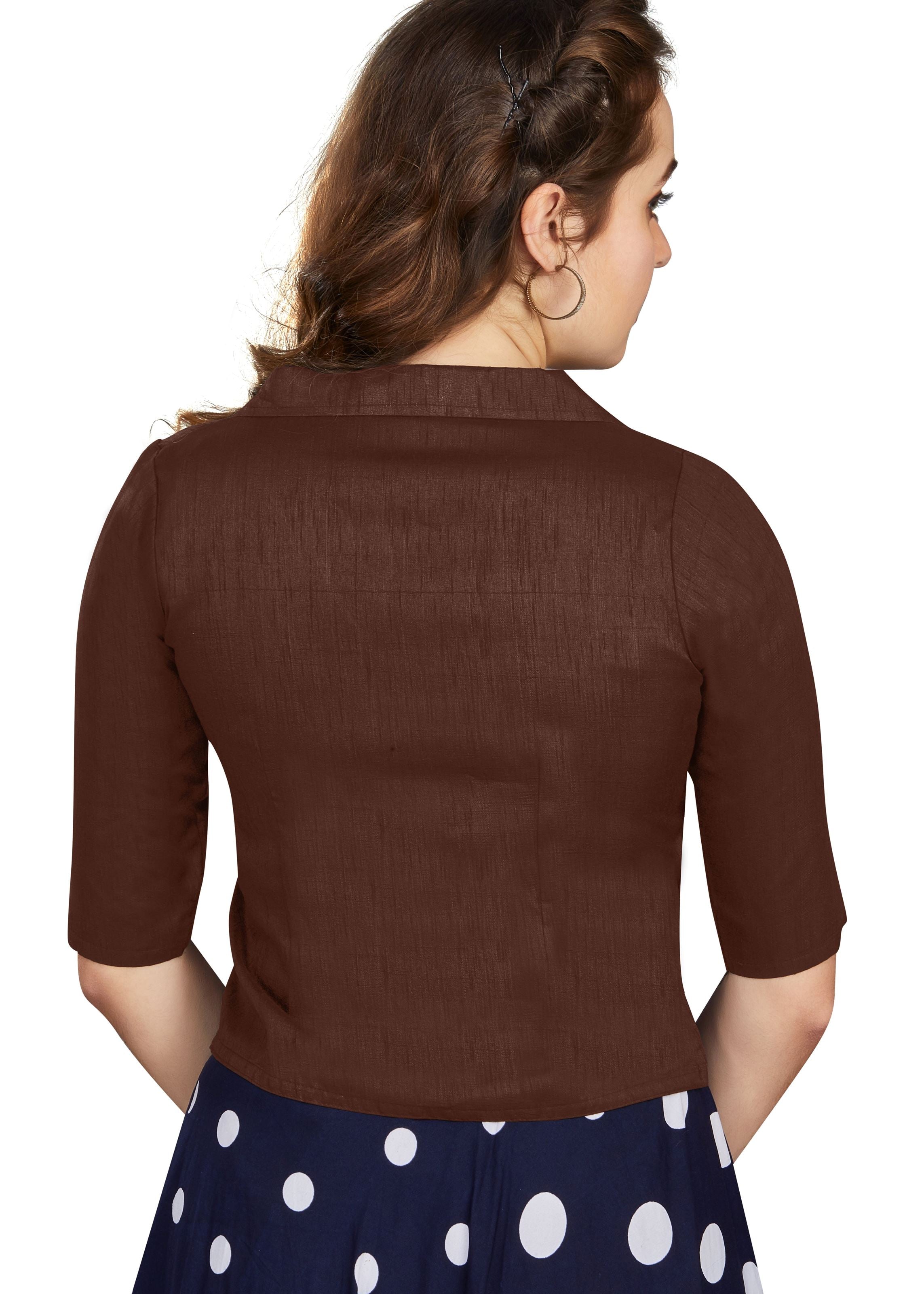 Coffee Art Silk Collar Neck Plain Blouse