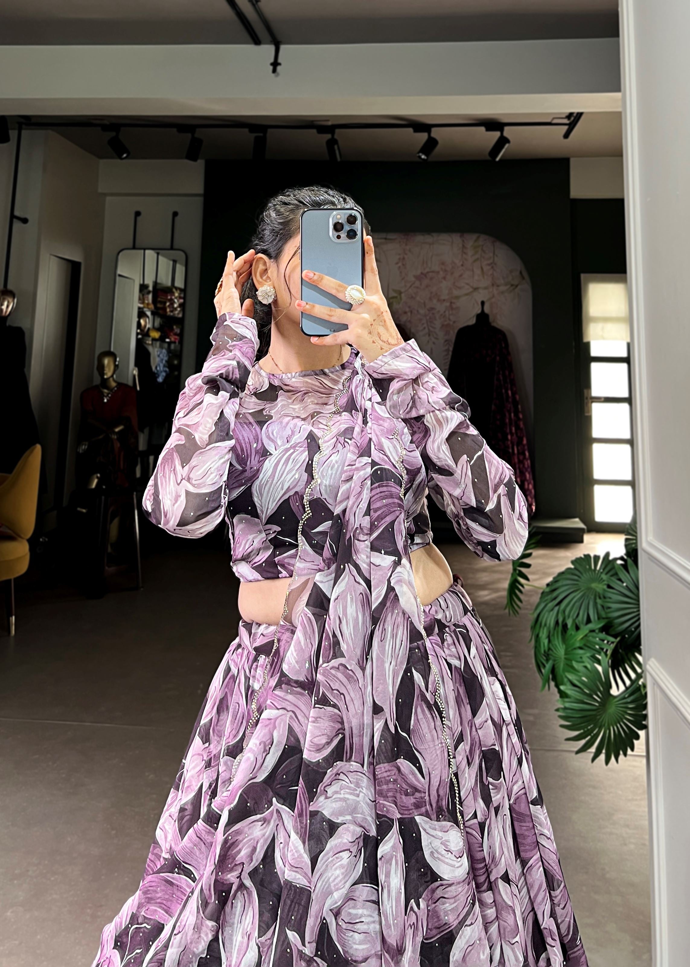 Coffee Elegance Printed Tabby Silk Lehenga with Hotfix Work