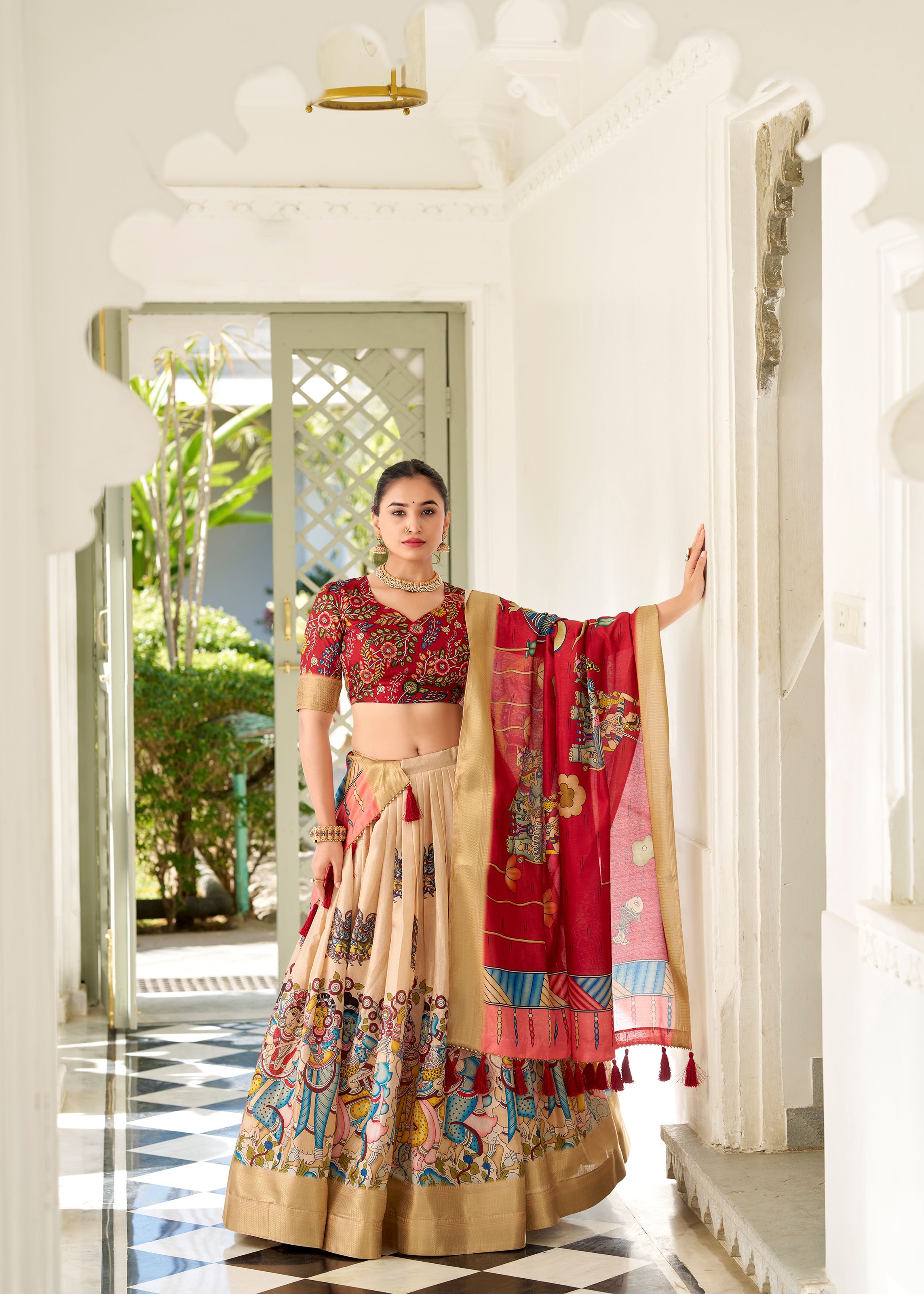 Cream  Floral Printed Georgette Lehenga with Lace Border