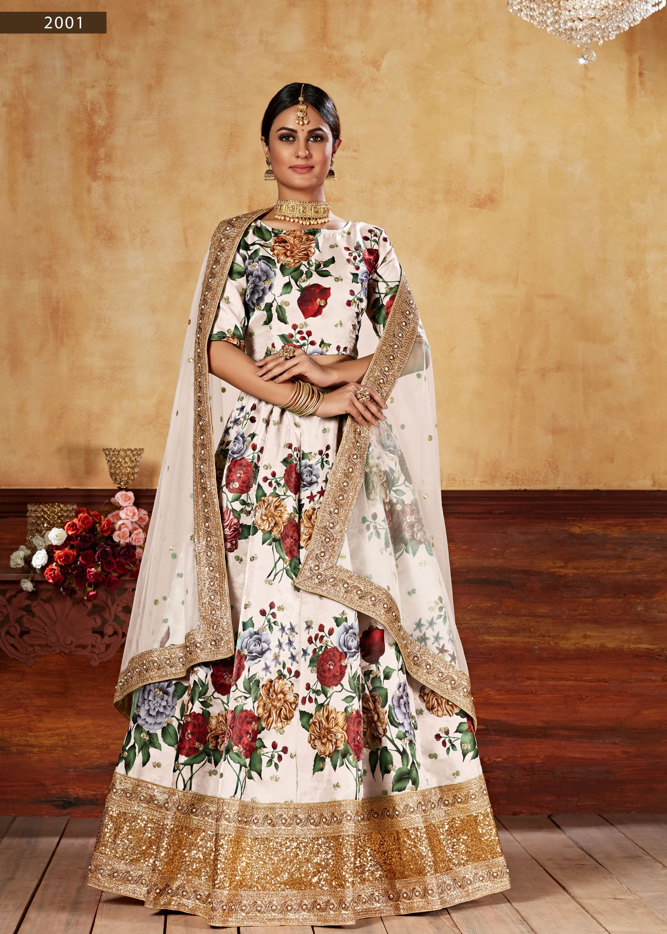 Cream Lehenga Choli With Digital Print And Dori With Jari Sequins Butti,Embroidered Border And Pearl Work