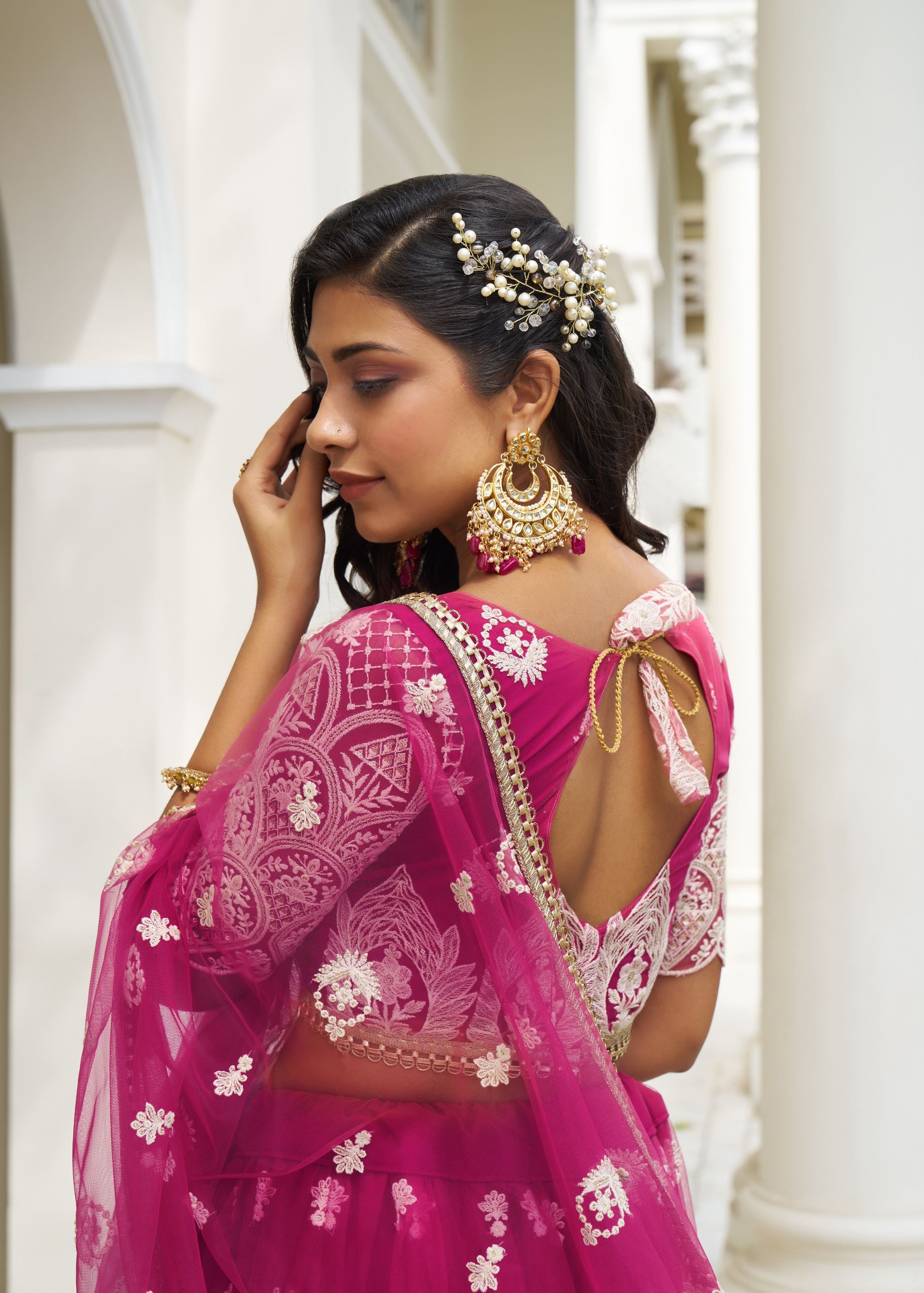 DarkPink Butterfly Net Lehenga Choli With Designer Thread Work, Zari Work And Sequence Work