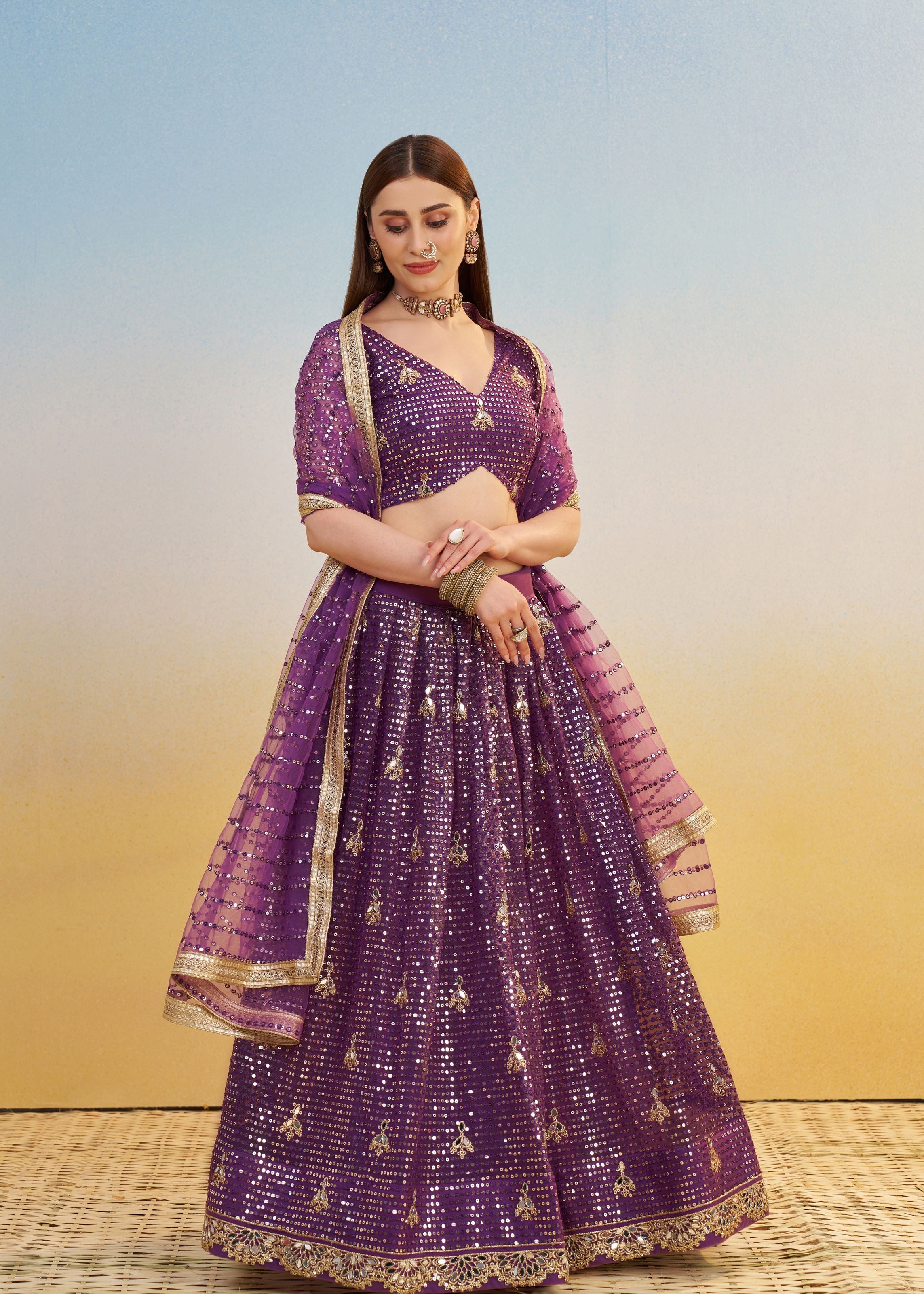 Dark Purple Lehenga Choli With Tone To Tone Thread Work Zari Work and Sequence Work Embroidery With Readymade Fancy Lace