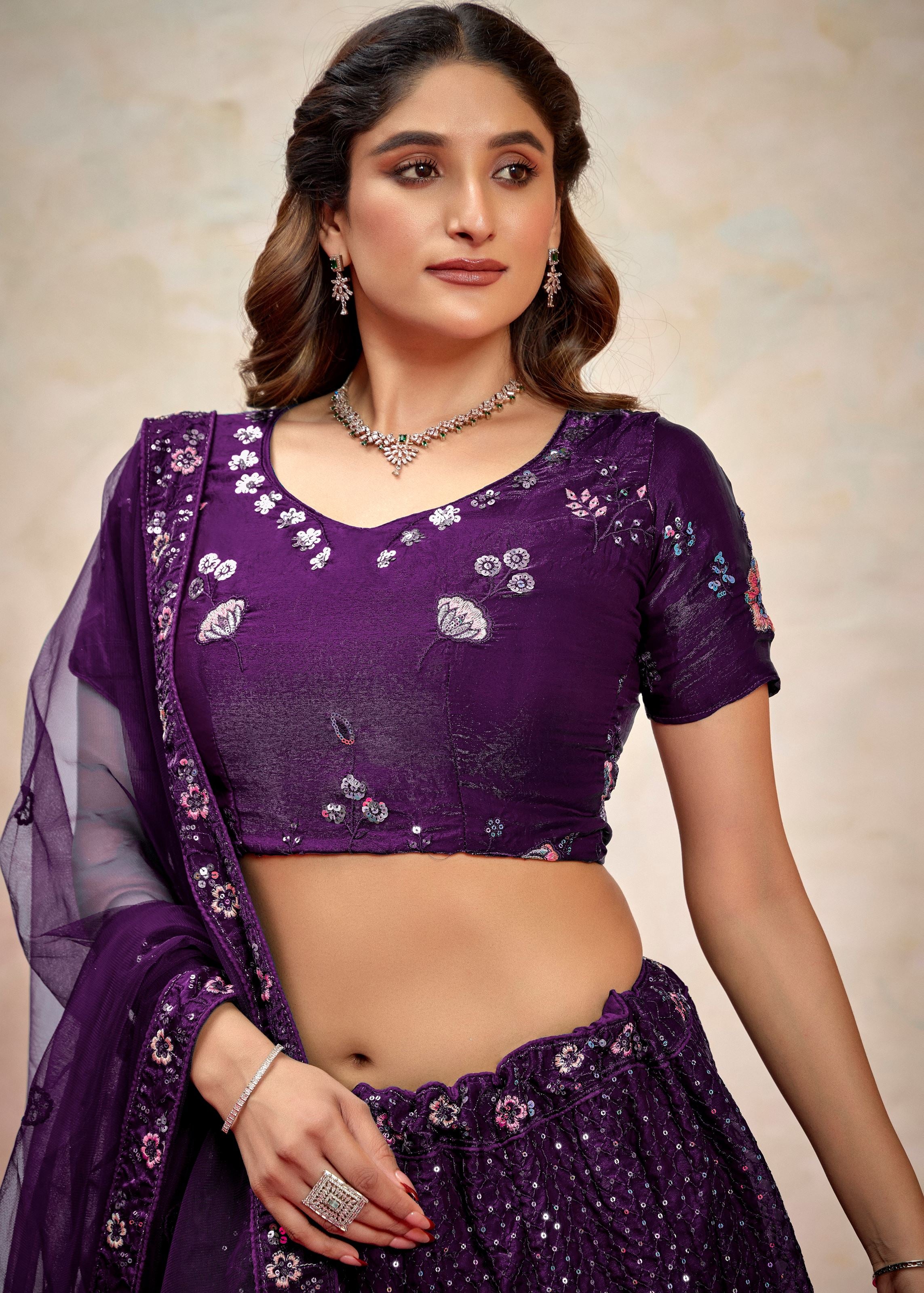Deep Violet Silk Lehenga with Allover Sequin Embroidery