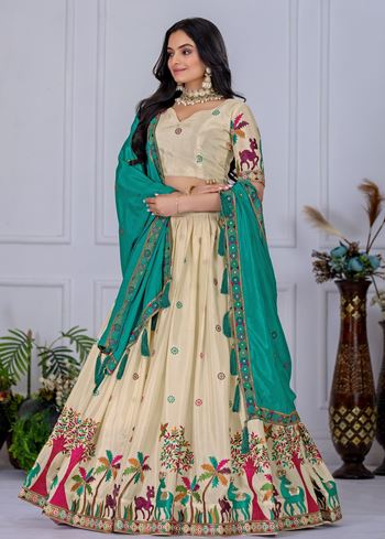 Beige Lehenga Choli With Heavy Embroidery With Multi Color Thread  Sequence Work